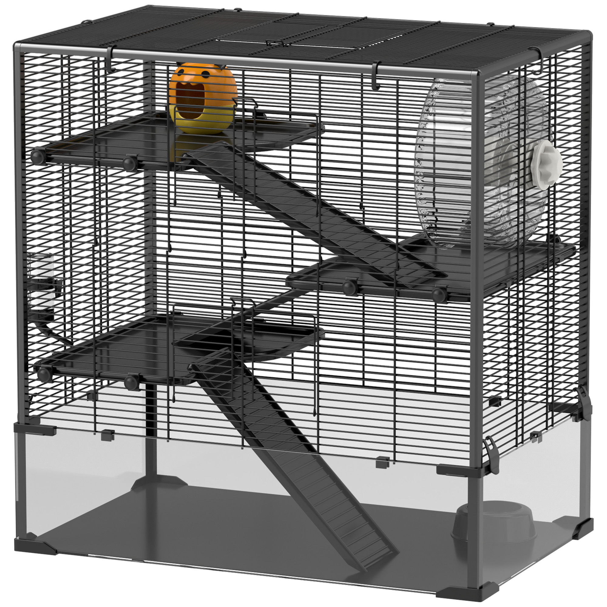 Hamsterkäfig mit Glasboden, 4-stufiges Hamstergehege mit Hütte und Zubehör, 78,5L x 48,5B x 80H cm, Schwarz