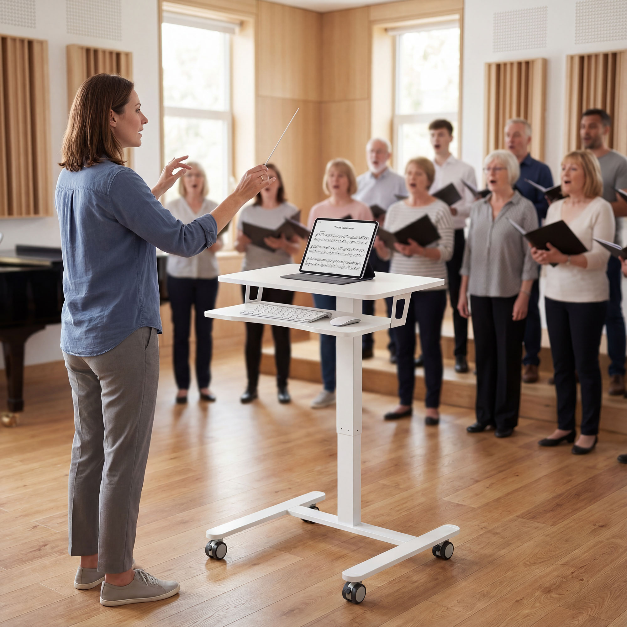 Höhenverstellbarer Stehschreibtisch, Rollbarer Sit-Stand-Schreibtisch mit Tastaturablage, Rollen und Stahlrahmen, Weiß