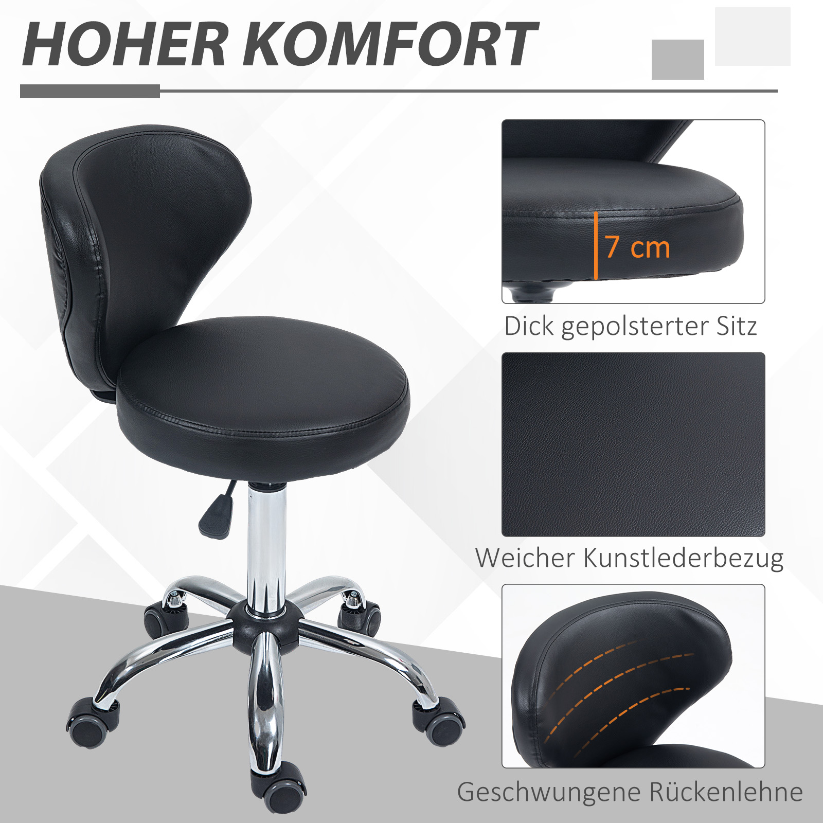 Salonhocker in Lederoptik, höhenverstellbar, bis 120 kg, Stahlgestell, Schwarz
