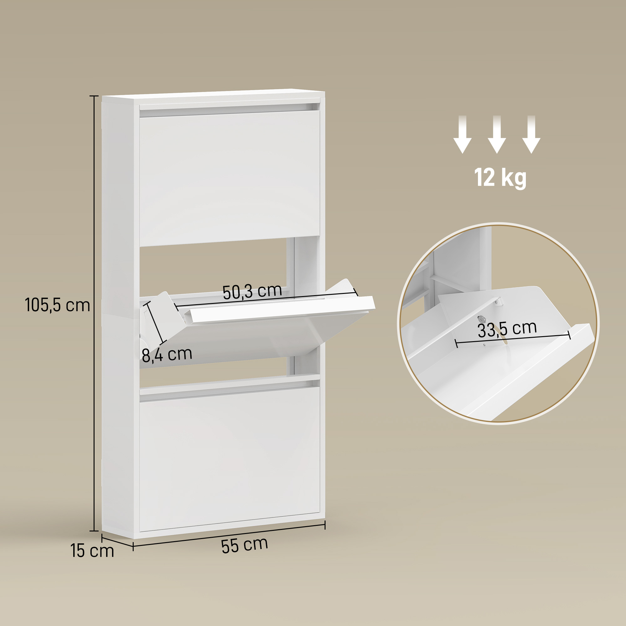 Metall-Schuhschrank mit 3 Klappfächern, schlanker Schuhschrank, wandmontiert, für 6 Paar Schuhe, Weiß