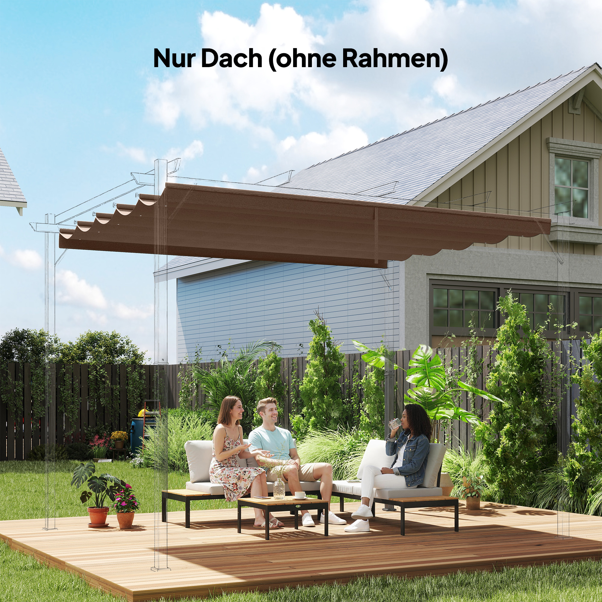 Ersatzdach für 4 x 3 m Pergola, einziehbar, mit Regenabflusslöchern, wetterfest, Polyester, Kaffee