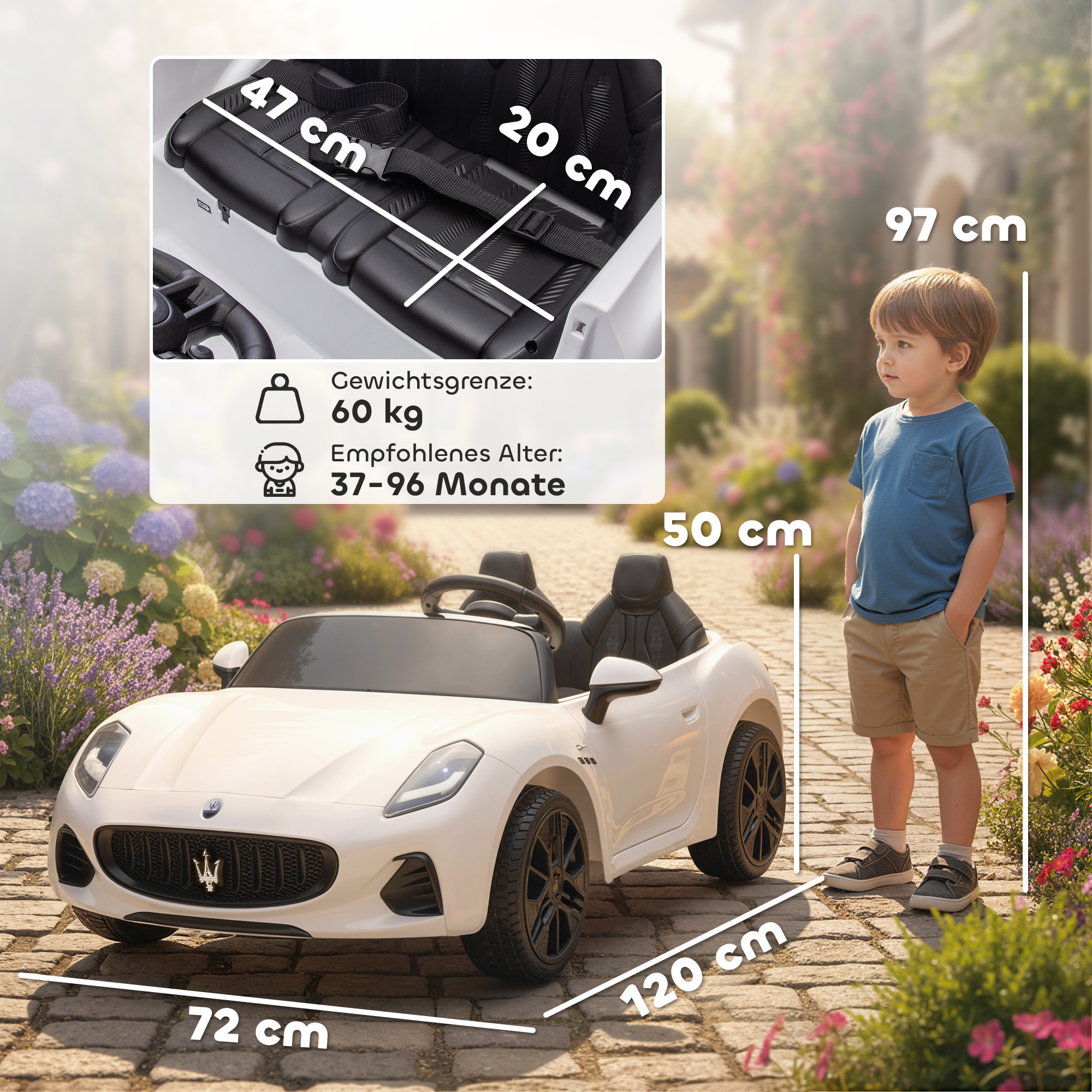 Maserati Elektroauto für Kinder, 2-Sitzer, 12V Batteriebetrieb, Fernbedienung, LED-Lichter, Musikfunktion, Weiß