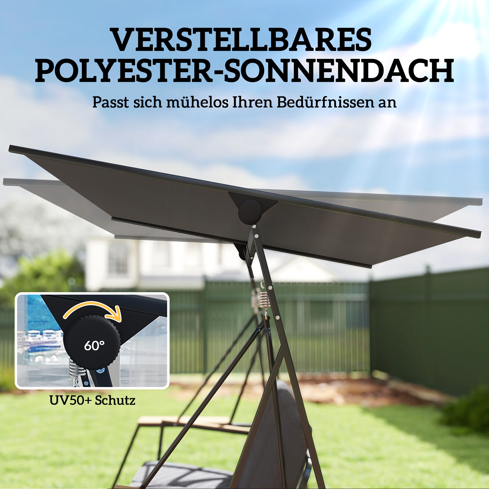 3-Sitzer Gartenschaukel mit verstellbarem Dach, Kissen und Getränkeablagen, 360 kg Tragkraft, Grau