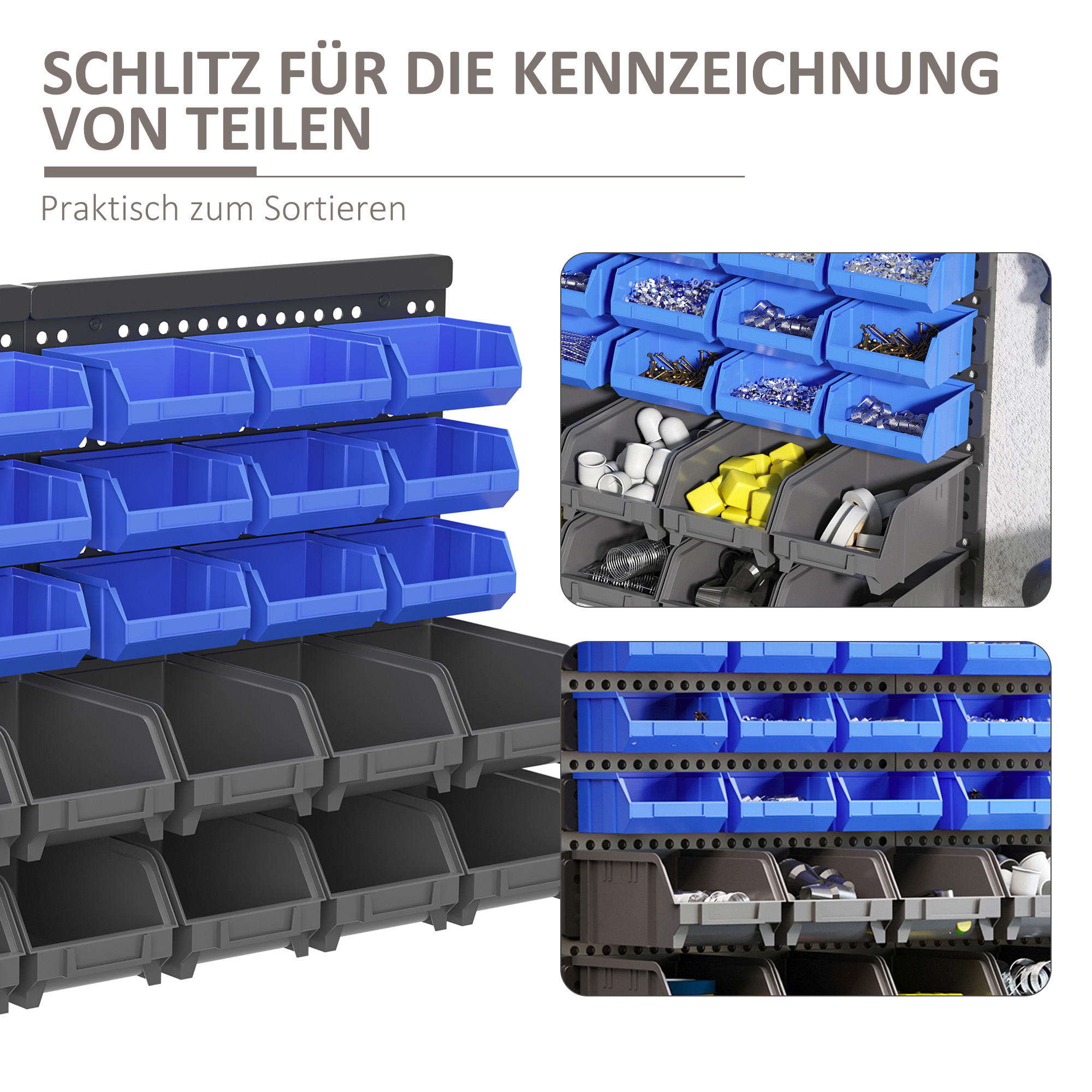 Schüttenregal, Werkstattmagazin, 30 Boxen in 2 Größen, stapelbar, 63x18x37,5cm, Blau