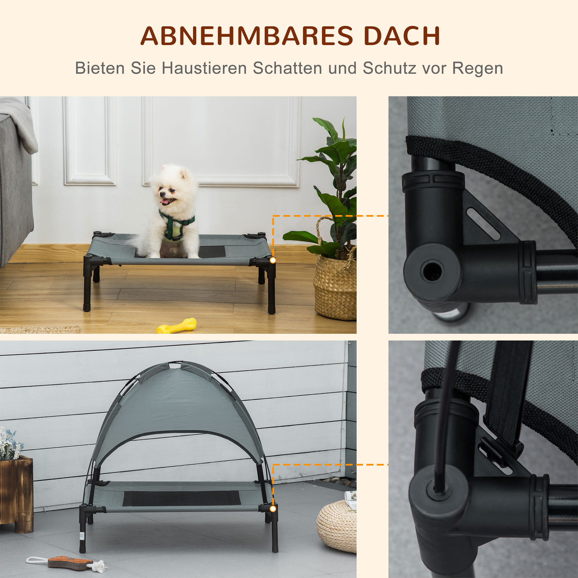 erhöhtes Hundebett mit Baldachin, Haustierbett, Hundeliege outdoor mit Dach, Atmungsaktiv, Taftstoff für Camping Grau 61 x 46 x 62 cm