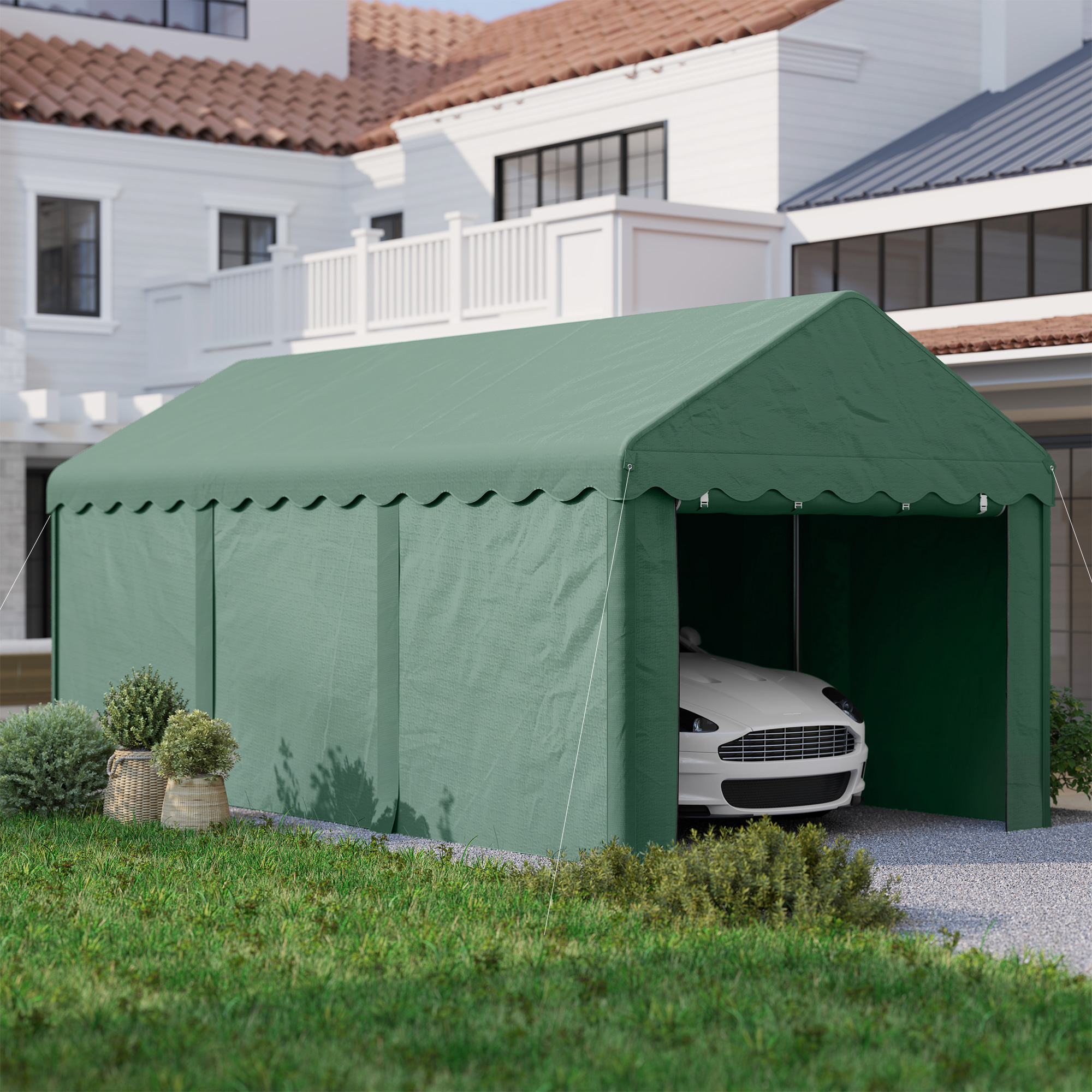 3x6 m Tragbarer Carport, Fahrzeugunterstand mit 2 Eingängen, Polyesterdach, für Autos, Boote, Gartengeräte, Dunkelgrün