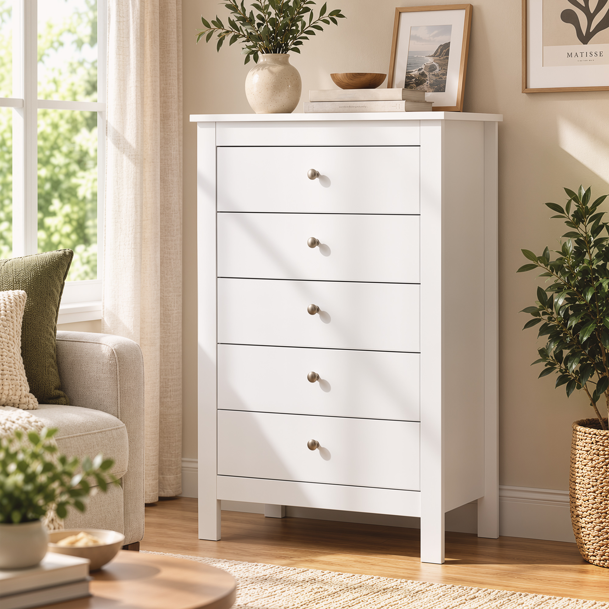 Kommode mit 5 Schubladen, Schrank mit leichtgängigen Schienen für Schlafzimmer, 60 x 39,5 x 95,3 cm, Weiß