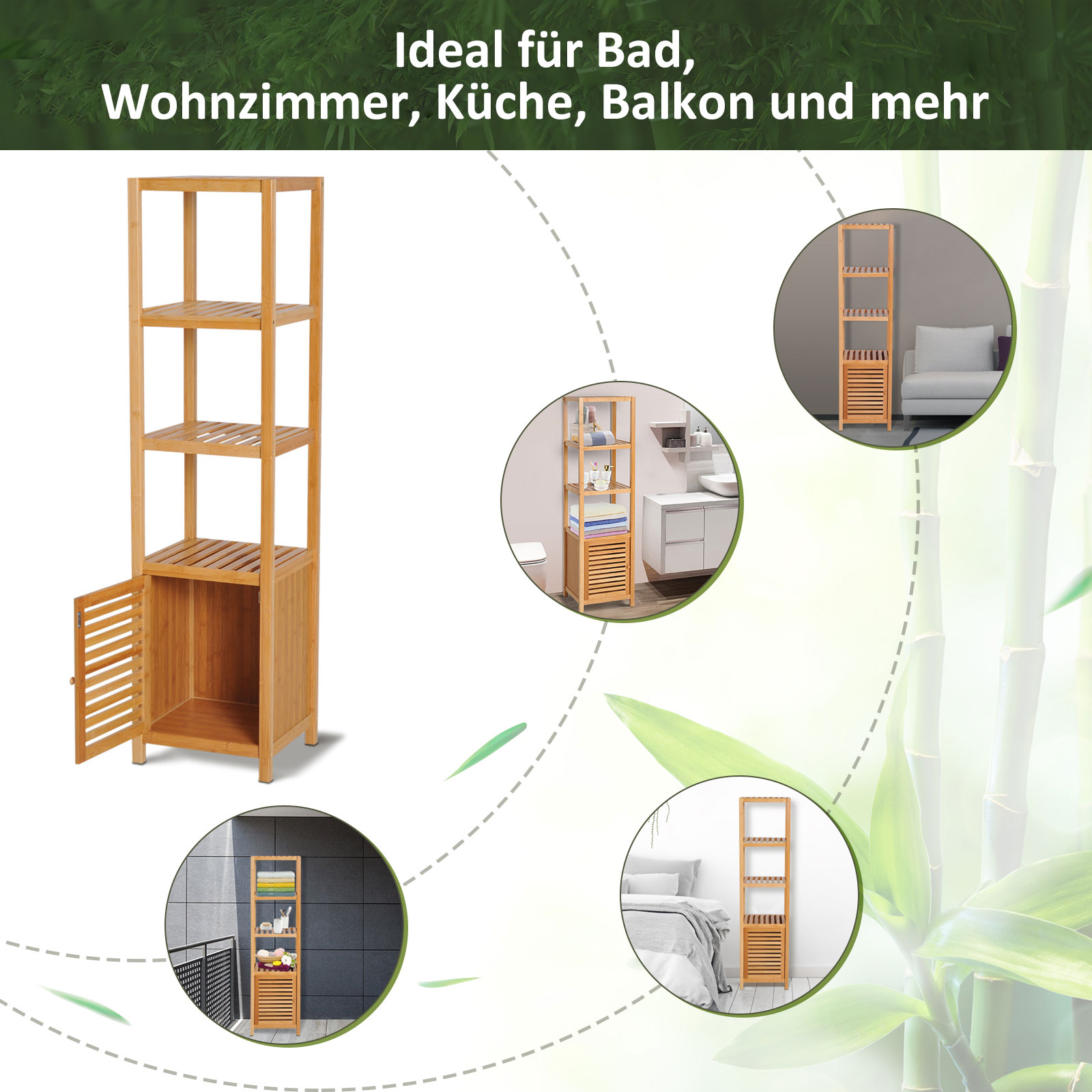 Badezimmerschrank, freistehend, 3 Regalböden, schmal & hoch, Lamellentür, 36 x 33 x 140cm