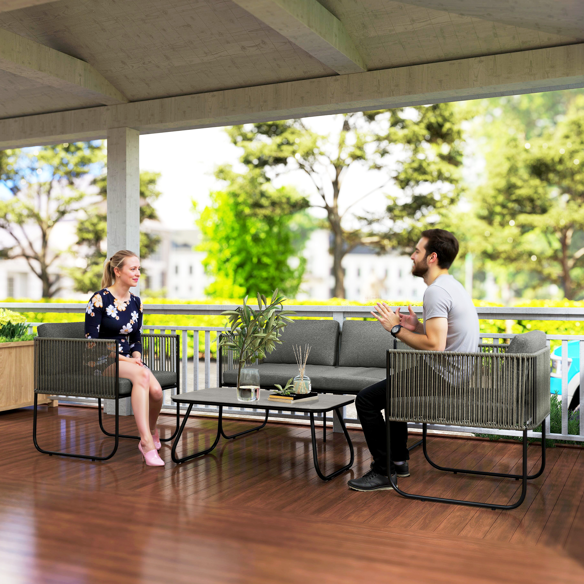 Gartenmöbel Set aus Polyrattan Lounge-Set mit Sofa Sessel Tisch Kissen wetterfest 116 x 60 x 69 cm Braun+Dunkelgrau