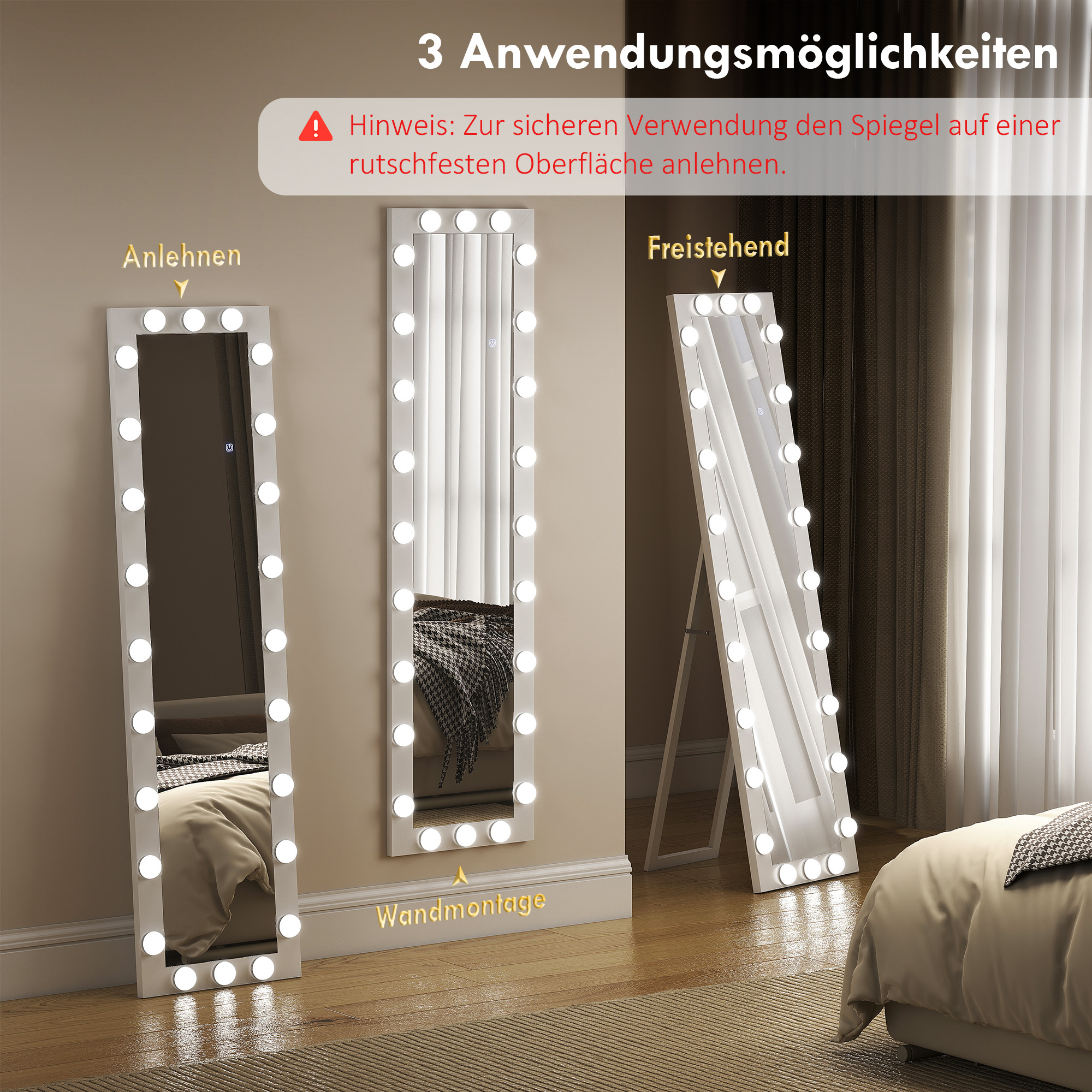 Ganzkörperspiegel 150x40 cm LED Spiegel mit 24 Glühbirnen 3 Lichtfarbe, freistehend oder anlehnbar Weiß