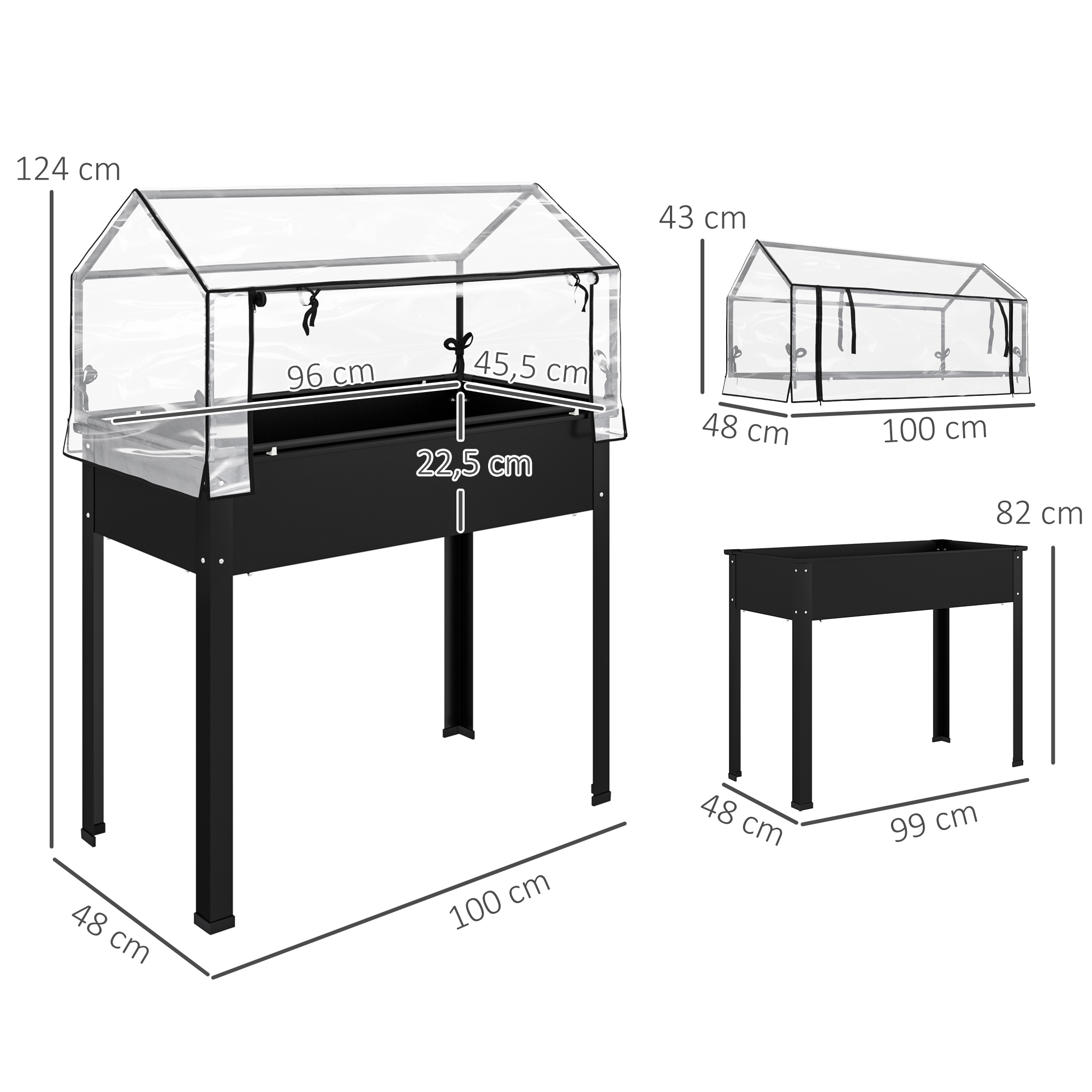 Hochbeet mit Gewächshaus-Dach, erhöhte Pflanzenbox mit Ablauflöchern, 100 x 48 x 124 cm, Schwarz