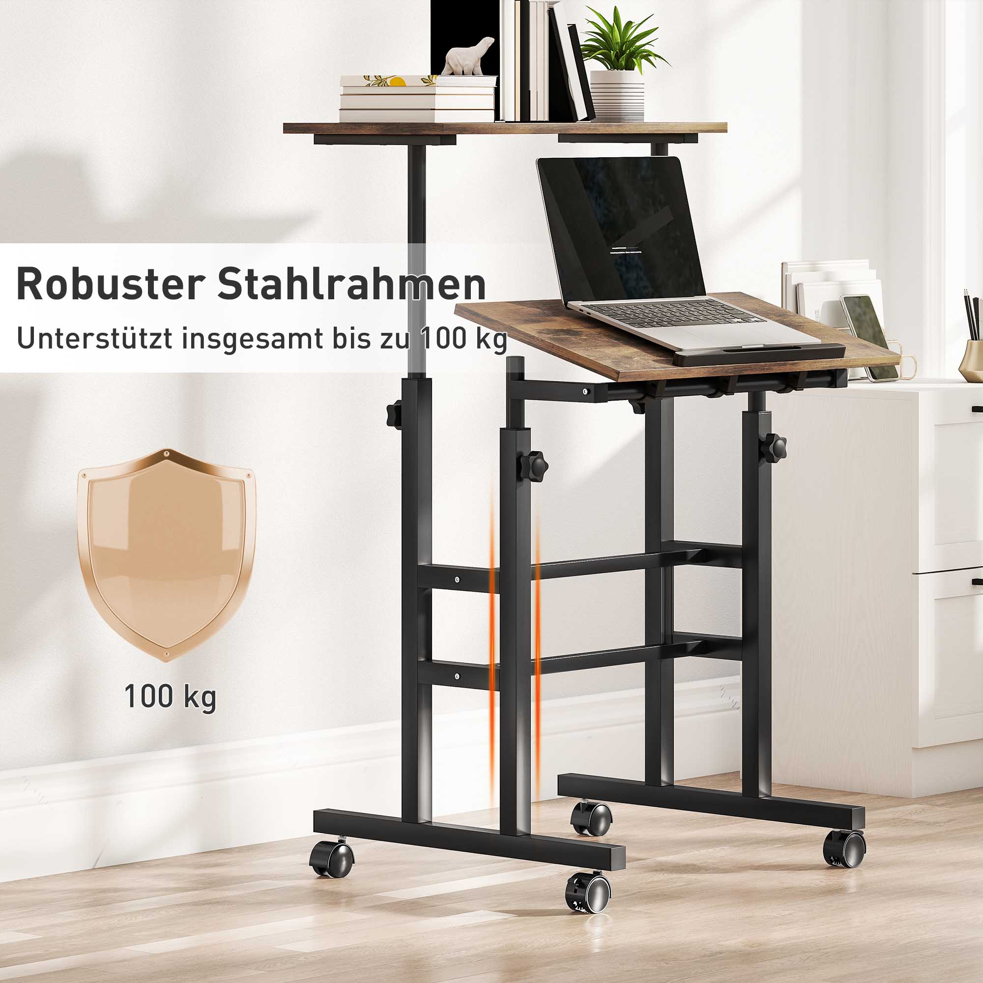 Schreibtisch höhenverstellbar Küchentisch mit Regal, Rollen, Computertisch Rustikal Braun 60 x 60 x 70,5-120 cm