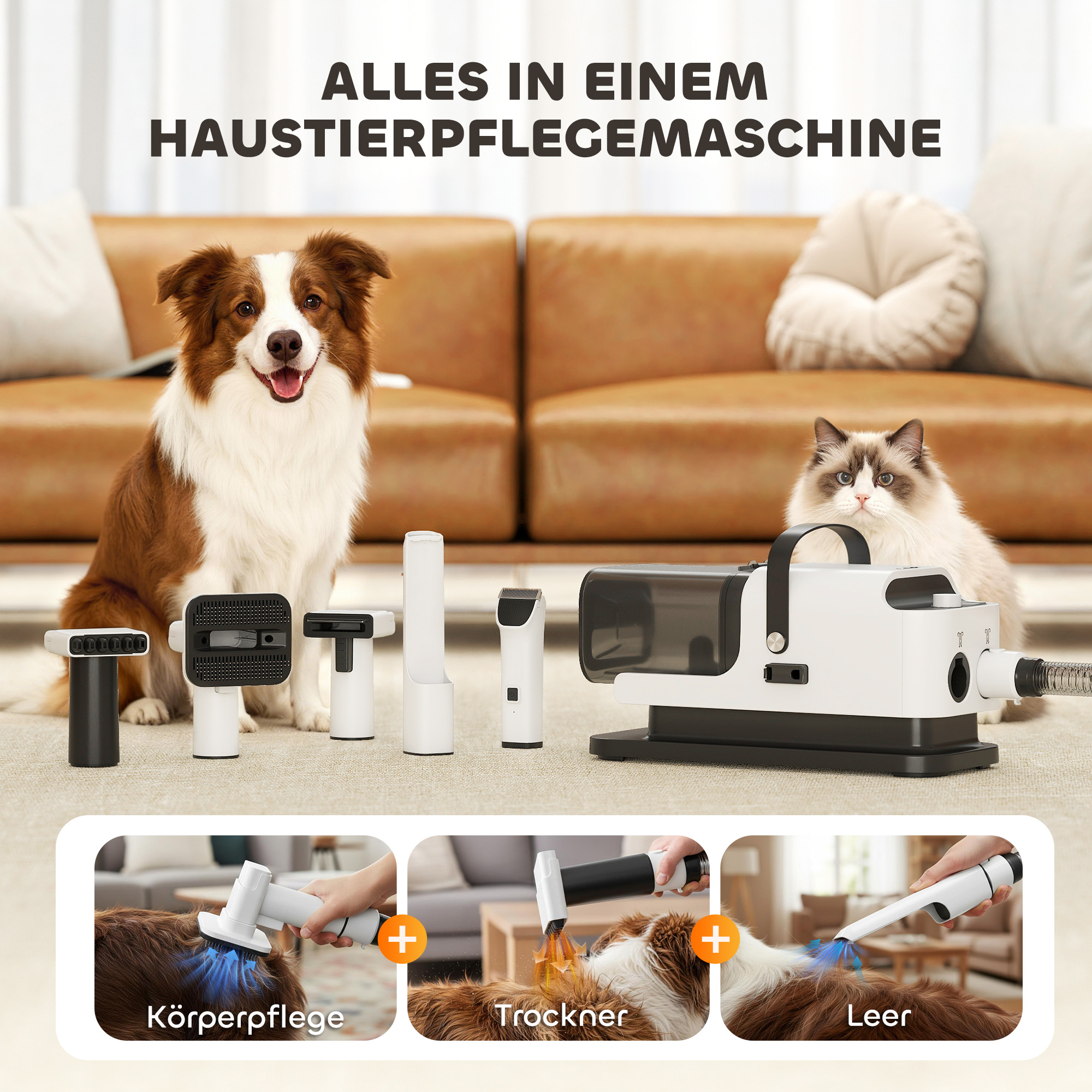 Hundeschermaschine mit Staubsauger leise Schermaschine mit 5 Pflegewerkzeugen für Hunde Katzen Haustiere Weiß