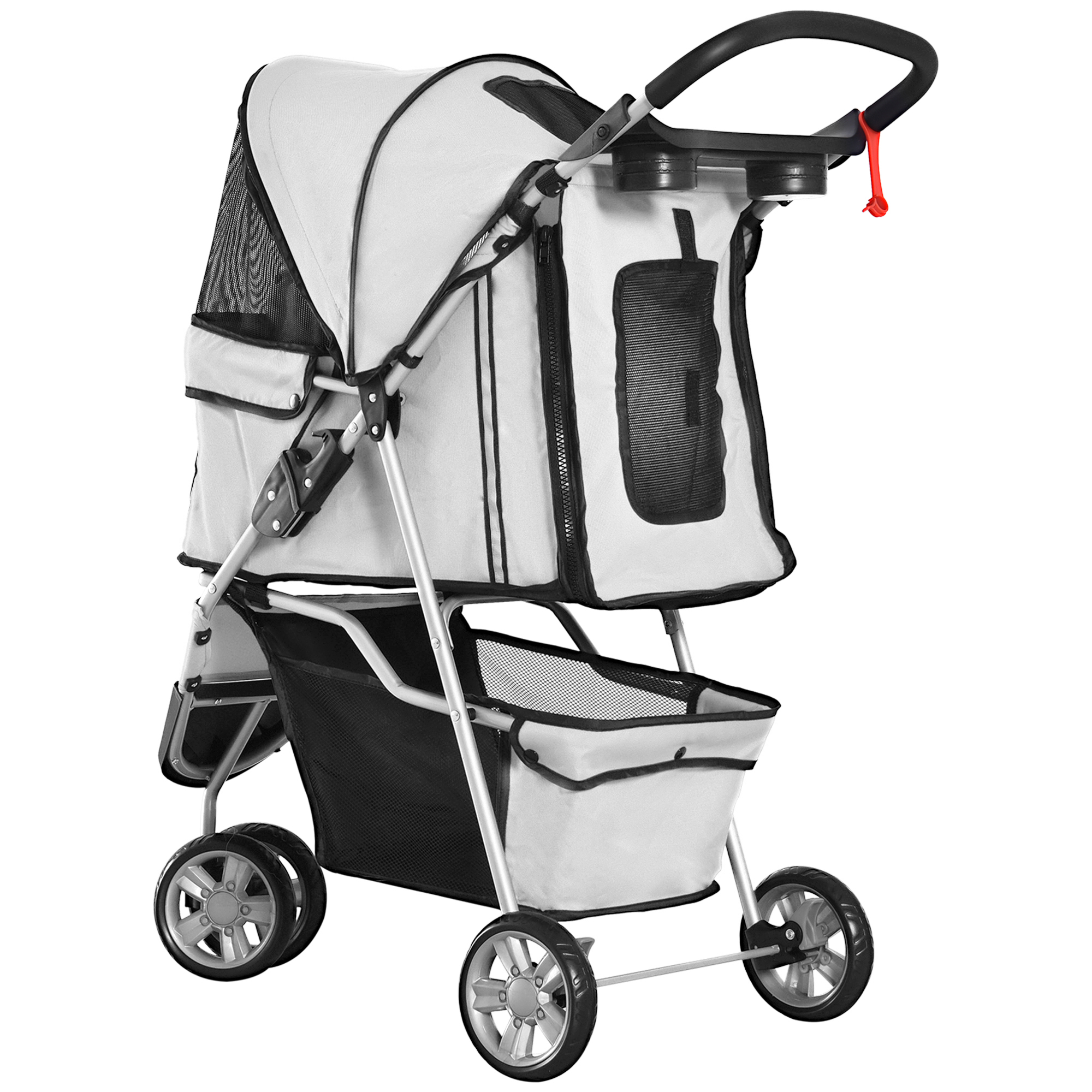 Hundewagen Hundebuggy bis 10 kg Klappbar Bodenkorb 2 Becherhalter verstellbares Vordach Grau
