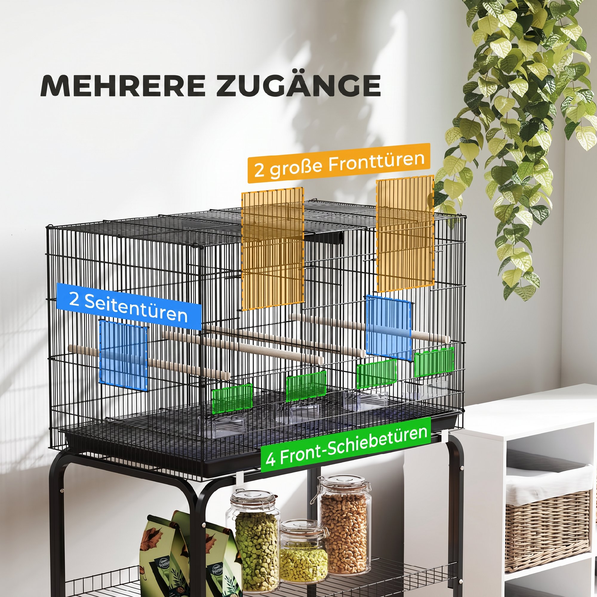 Vogelkäfig, Vogelvoliere mit Rollen, 2 Türen, 4 Sitzstangen, Ablagefach, Metall Vogelhaus 76x46x116cm, Schwarz
