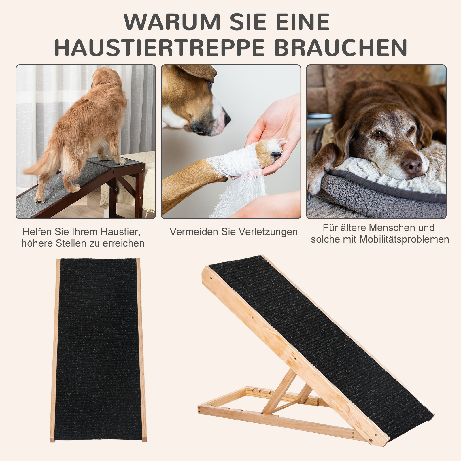 Haustierrampe mit rutschfestem Teppich verstellbarer Haustierleiter Hunderampe für großen Hund Kiefernholz Polyester Schwarz+Naturholz 90B x 40T x 61H cm