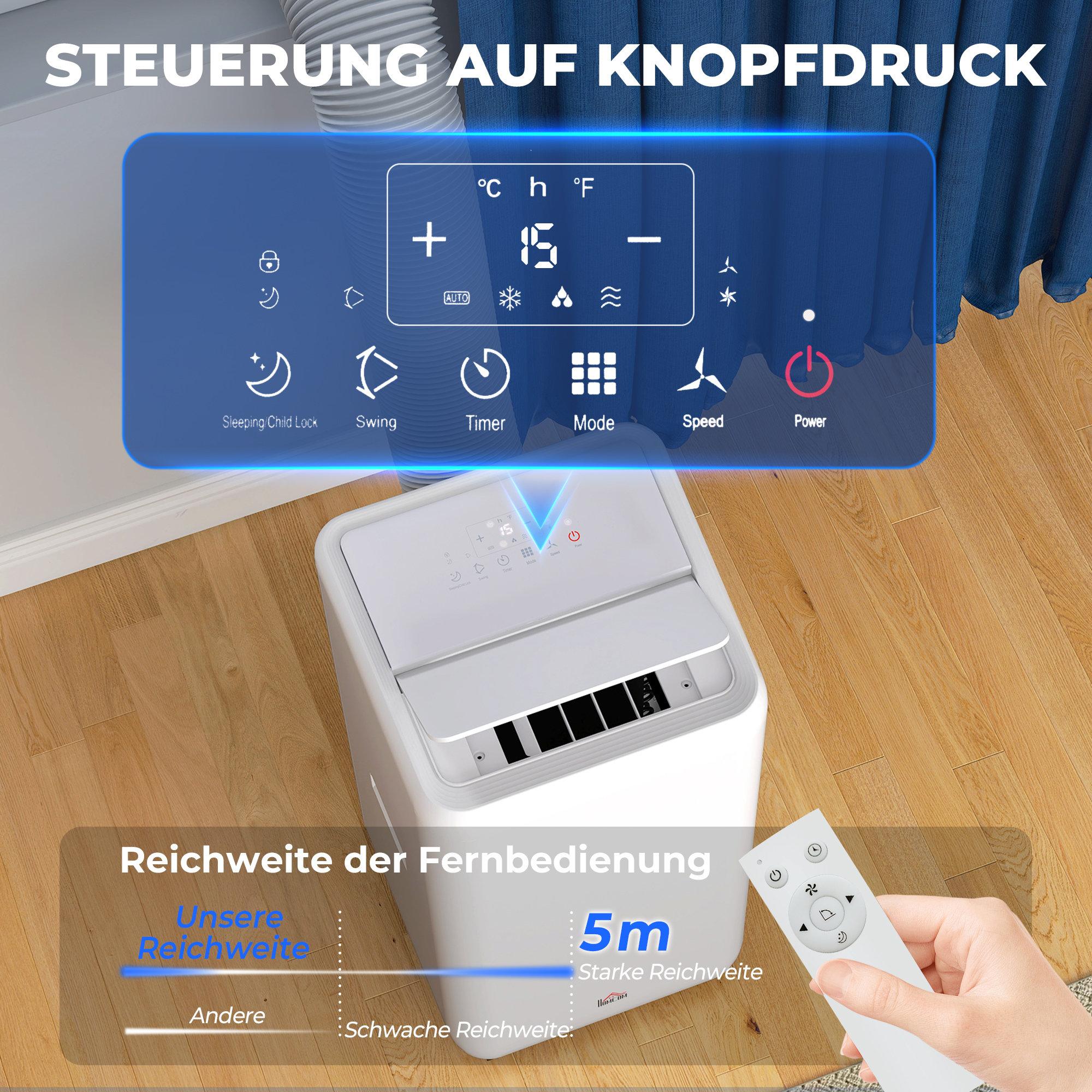 mobiles Klimagerät mit Abluftschlauch 12.000 BTU 3,5 kW, 5-in-1, 24h-Timer, Fernbedienung bis 35㎡