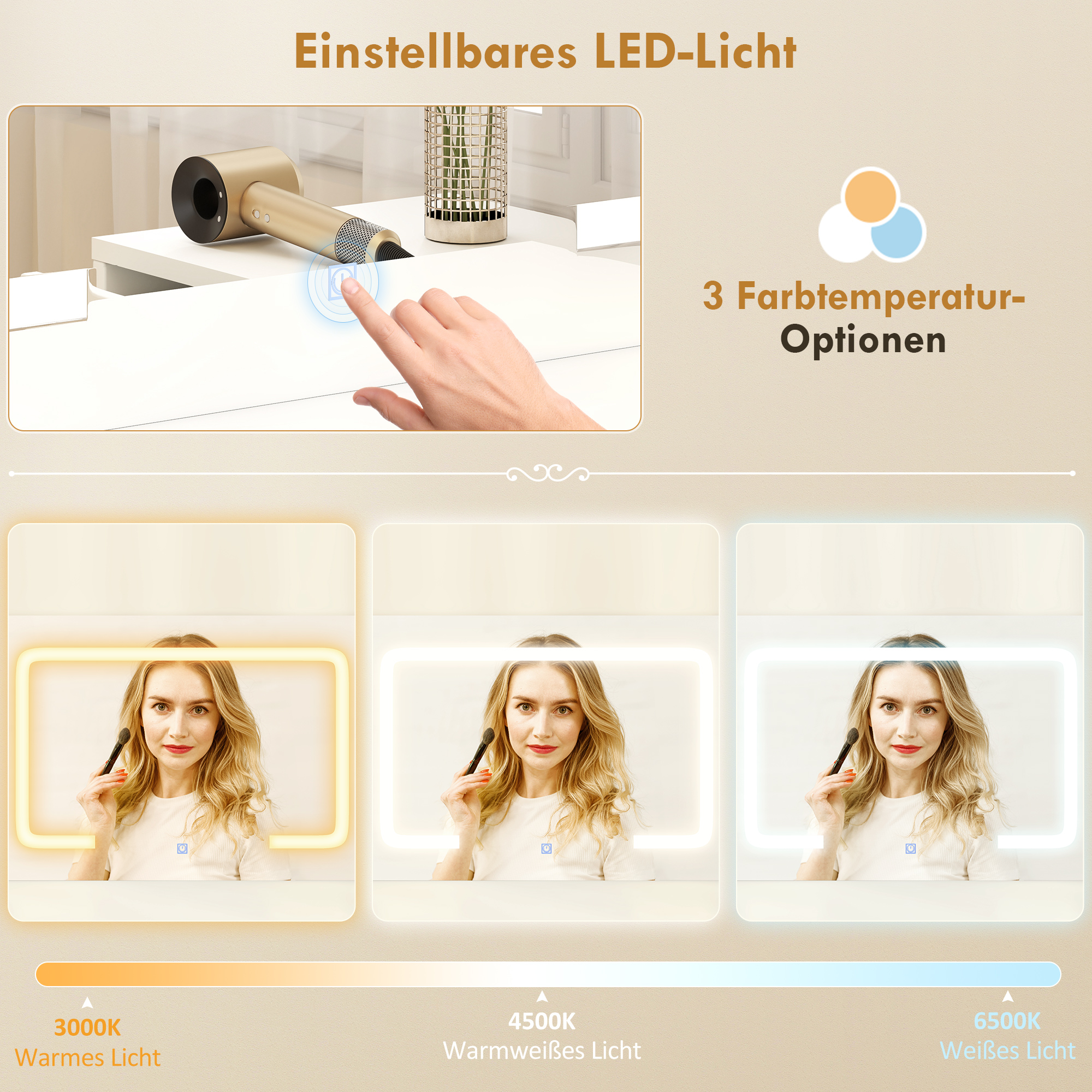 Schminktisch mit verstellbarem LED-Spiegel, Steckdosen, 6 Schubladen, 2 offene Regale, Weiß