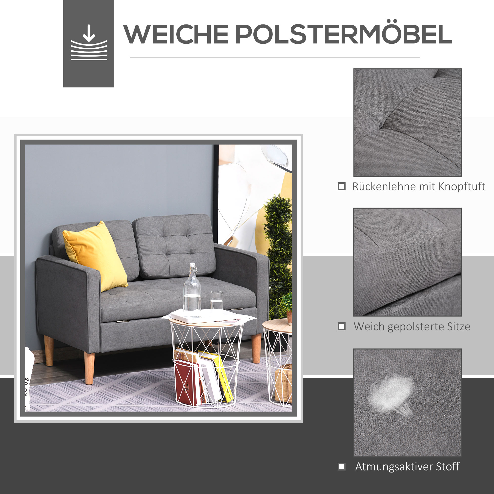 2 Sitzer Sofa, Couch mit Stauraum, Holzbeine, Gepolsterter Polstersofa mit Samtoptik für Wohnzimmer, Schlafzimmer, 117x 62 x 78 cm, Grau
