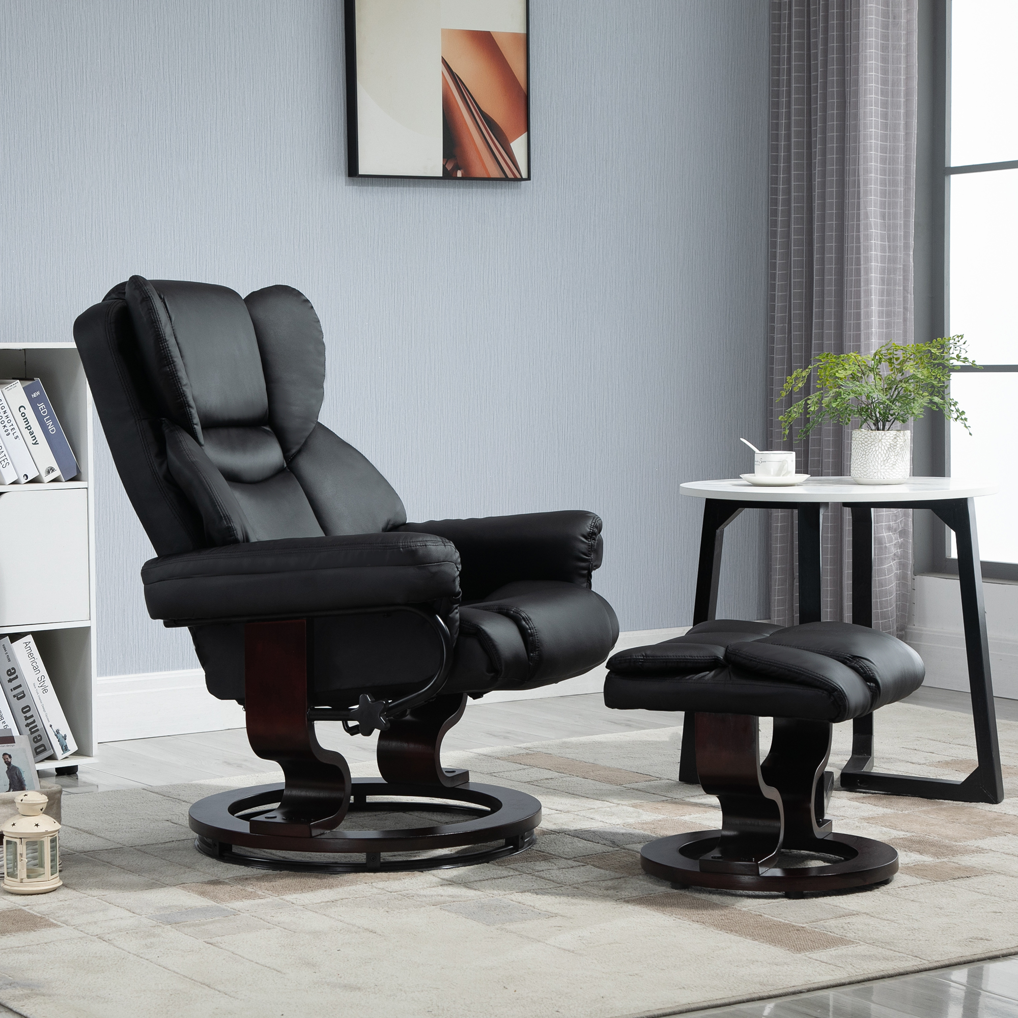 Relaxsessel mit Hocker, Liegefunktion, drehbar, bis 160 kg, Kunstleder, Metallrahmen, schwarz, 80 x 79 x 100 cm