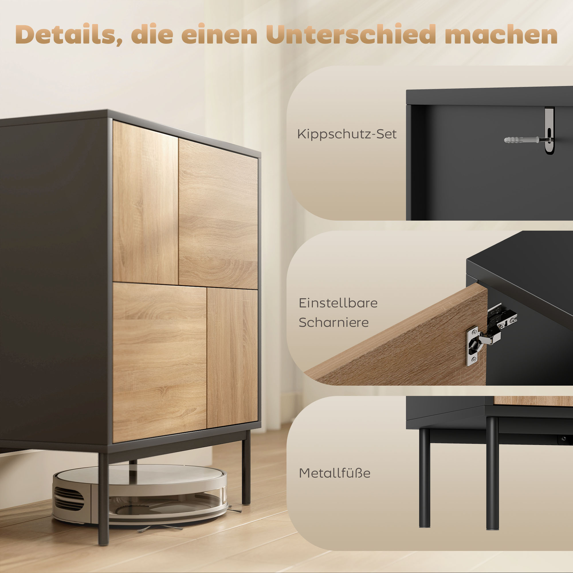 Sideboard mit Push-to-Open Türen, Esszimmerschrank mit Metallbeinen, Küchenschrank, MDF, Schwarz+Naturholz