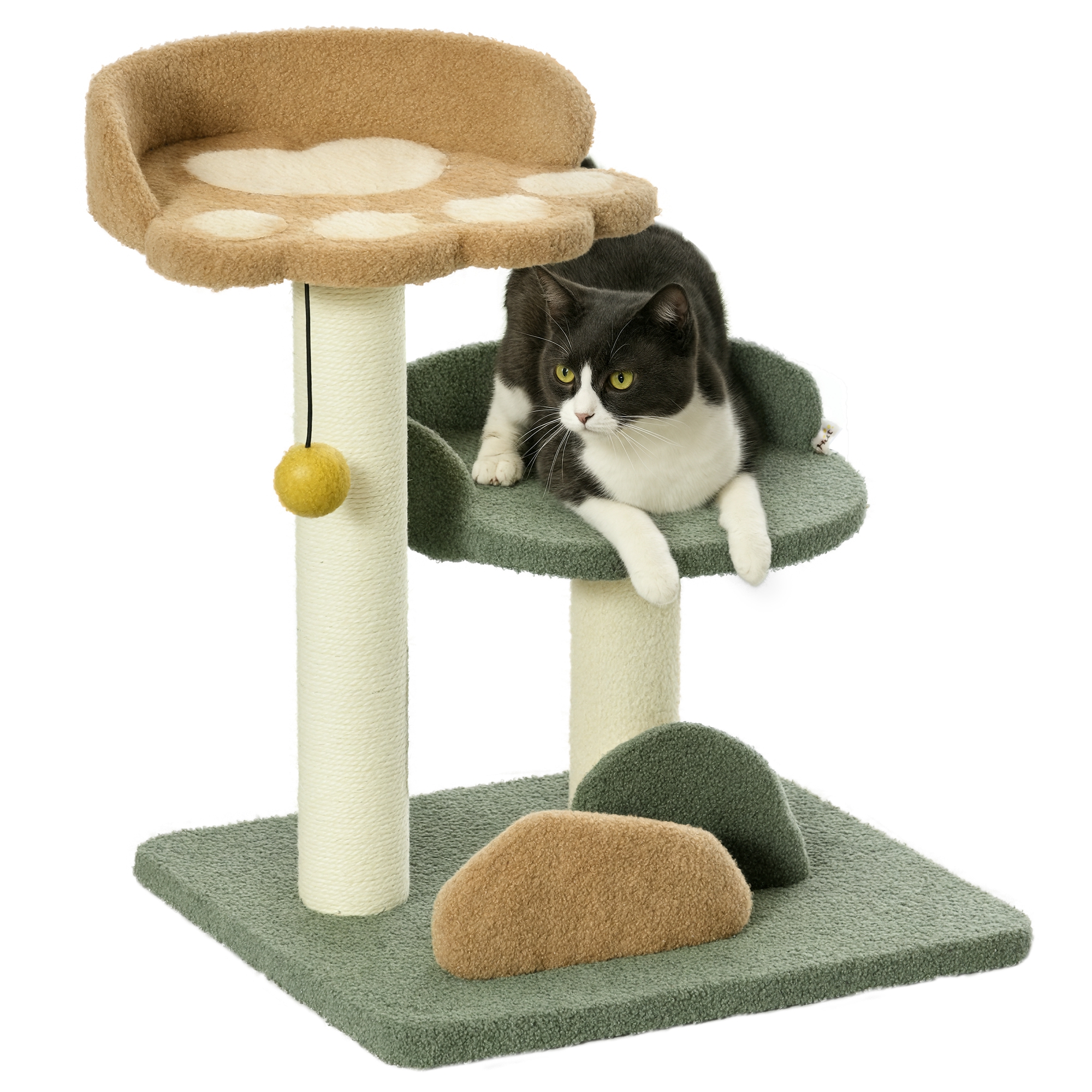 Kleiner Kratzbaum mit 2 Liegeflächen, inkl. Spielzeug, für kleine Katzen, Grün Beige+ Braun