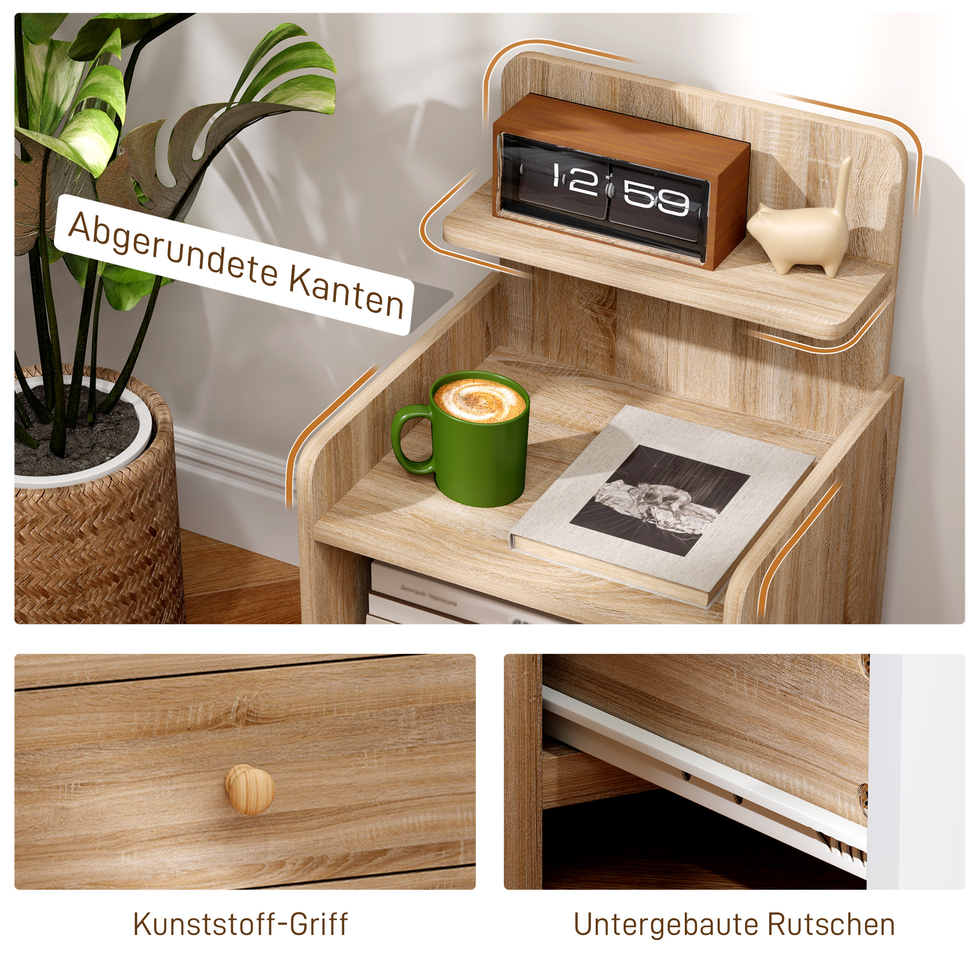 Beistelltisch, Nachttisch mit Stauraum, Spanplatte, kippsicher, modern, Naturholz