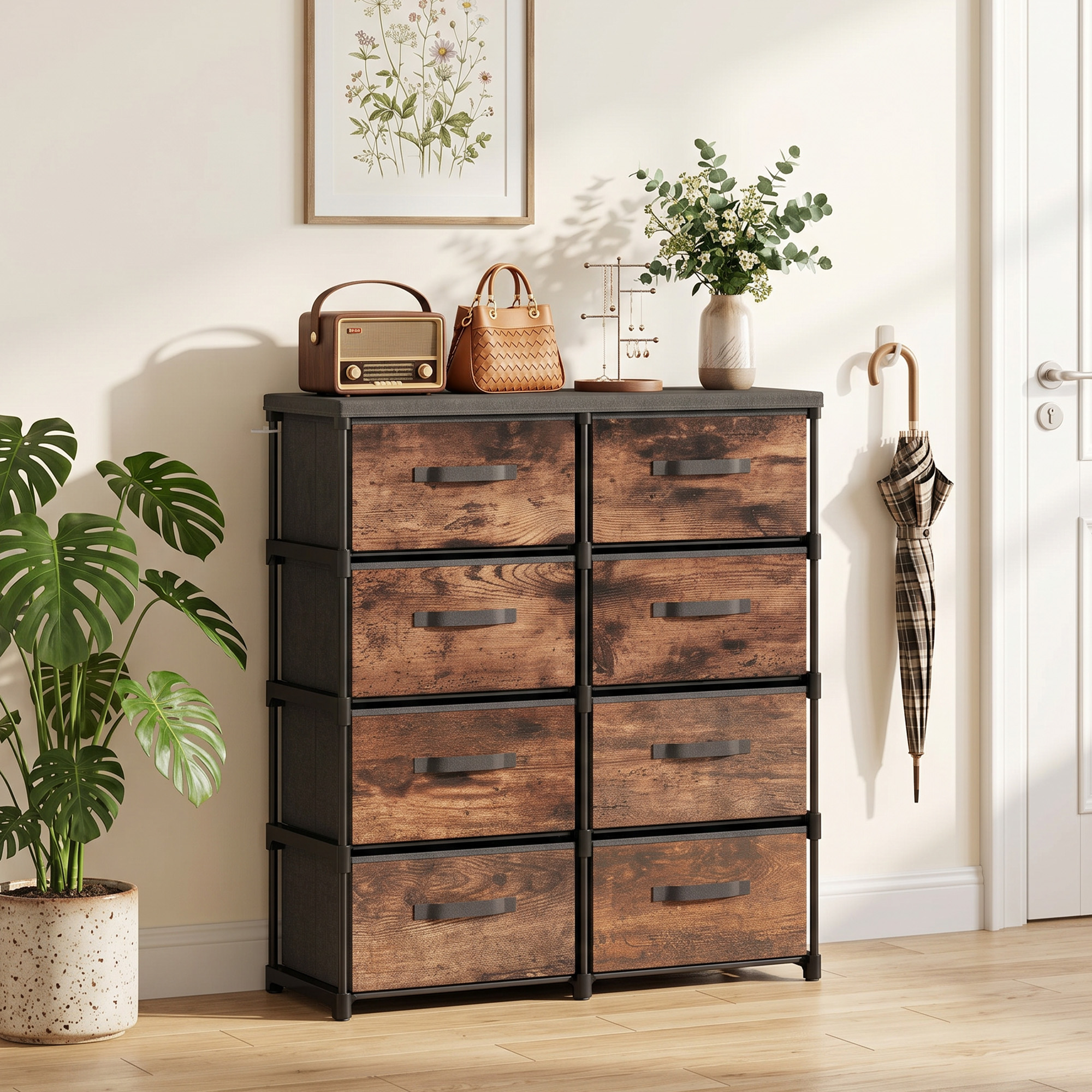 Kommode mit 8 Schubladen, Stoffkommode mit Metallgestell, für Schlafzimmer & Wohnzimmer, Vintage Braun
