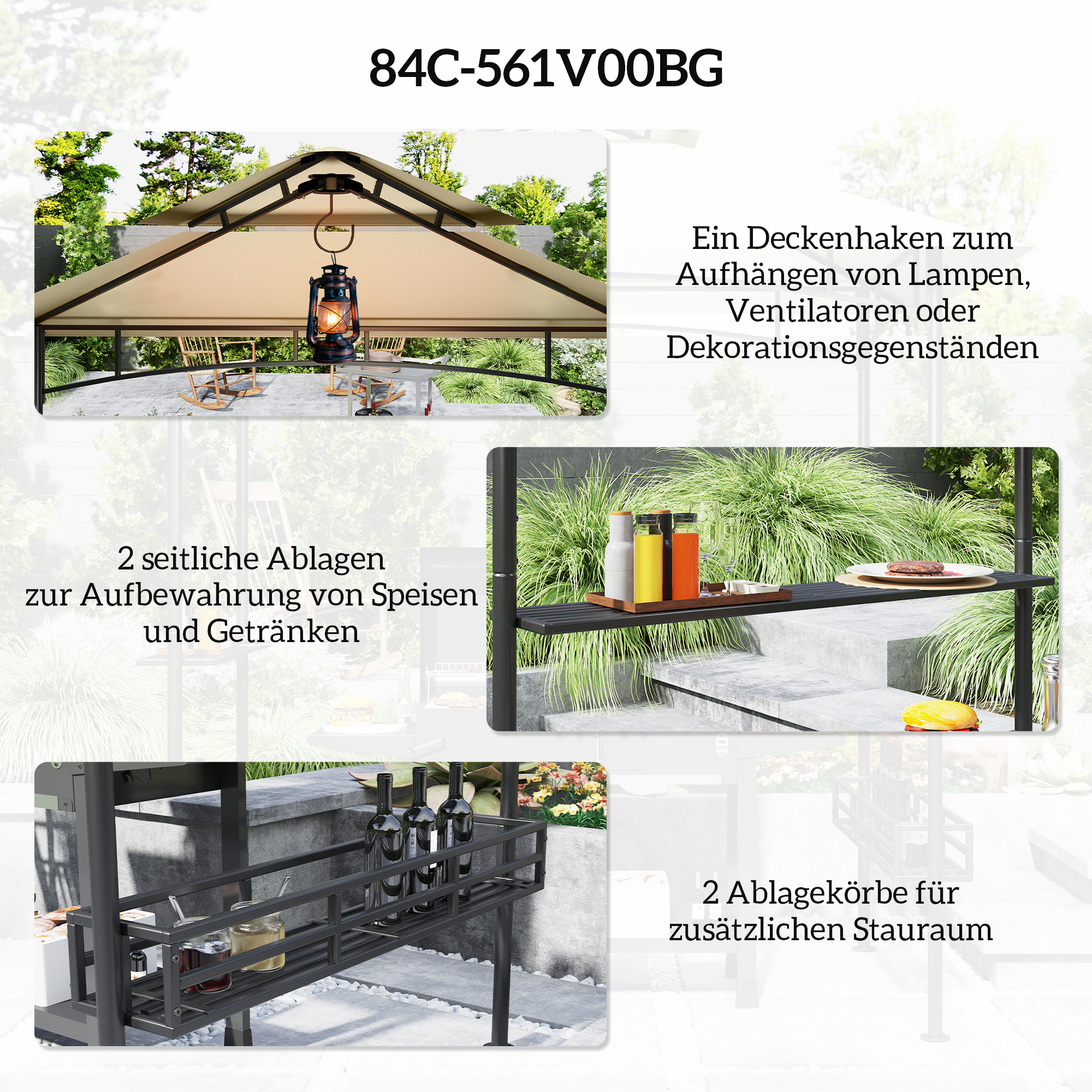 Grill-Zelt, BBQ-Zelt, Gartenpavillon mit 2 Regalen, Aufbewahrungskörbe, Haken, für Terrasse, Beige