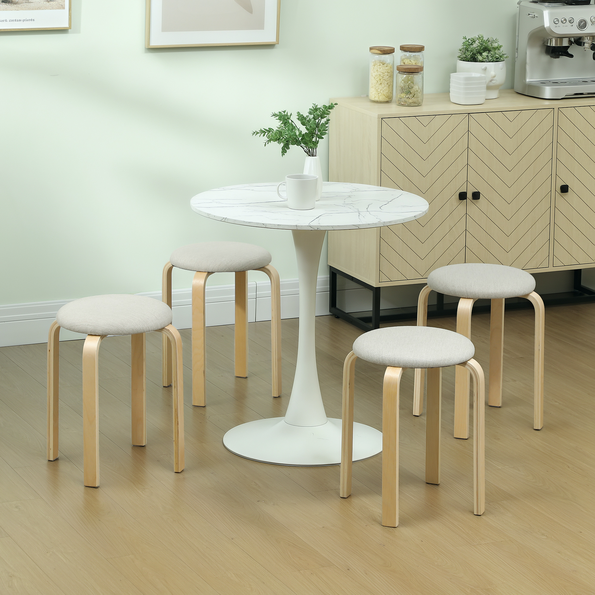 Polsterhocker im 4er-Set, stapelbar, lackierte Oberfläche, Holzbeine, Cremeweiß