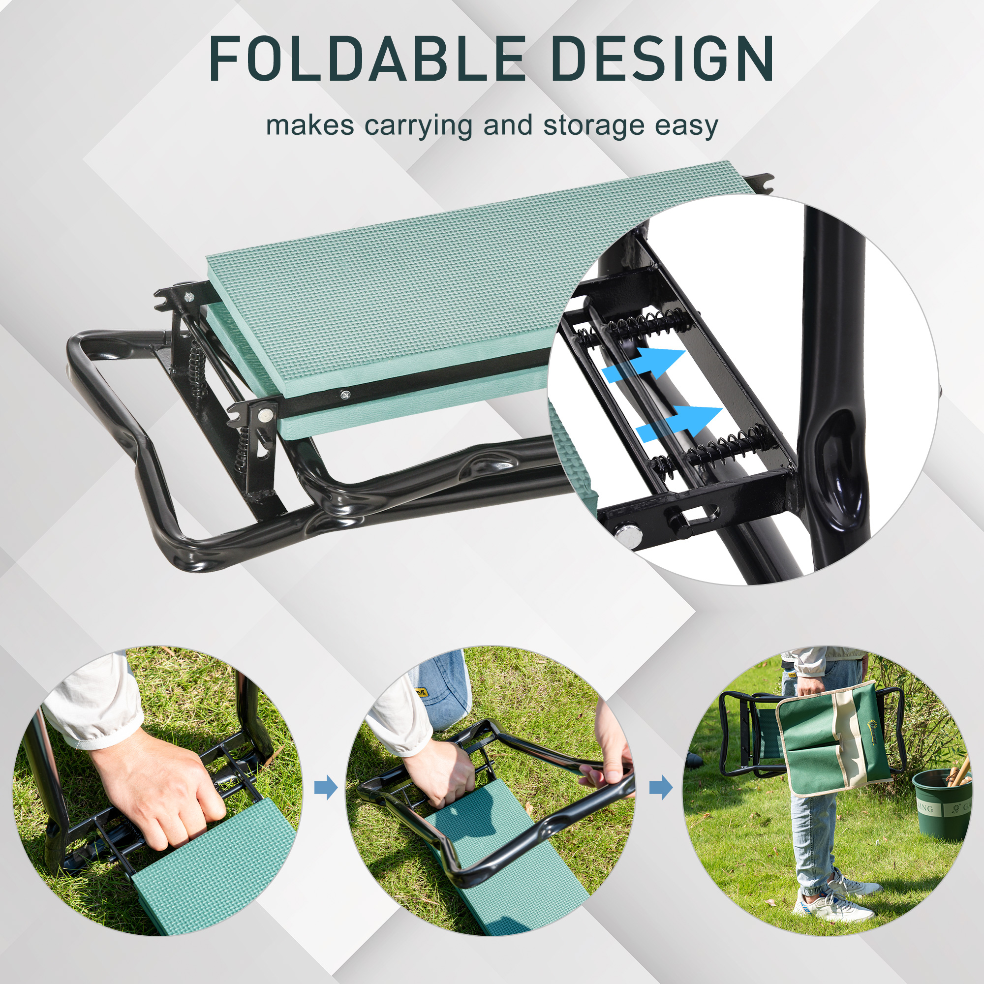 Kniebank, Klappbarer Gartenhocker, 2-in-1, Kniehilfe, mit Werkzeugtasche, EVA-Schaumstoff, 58 x 28 x 49 cm