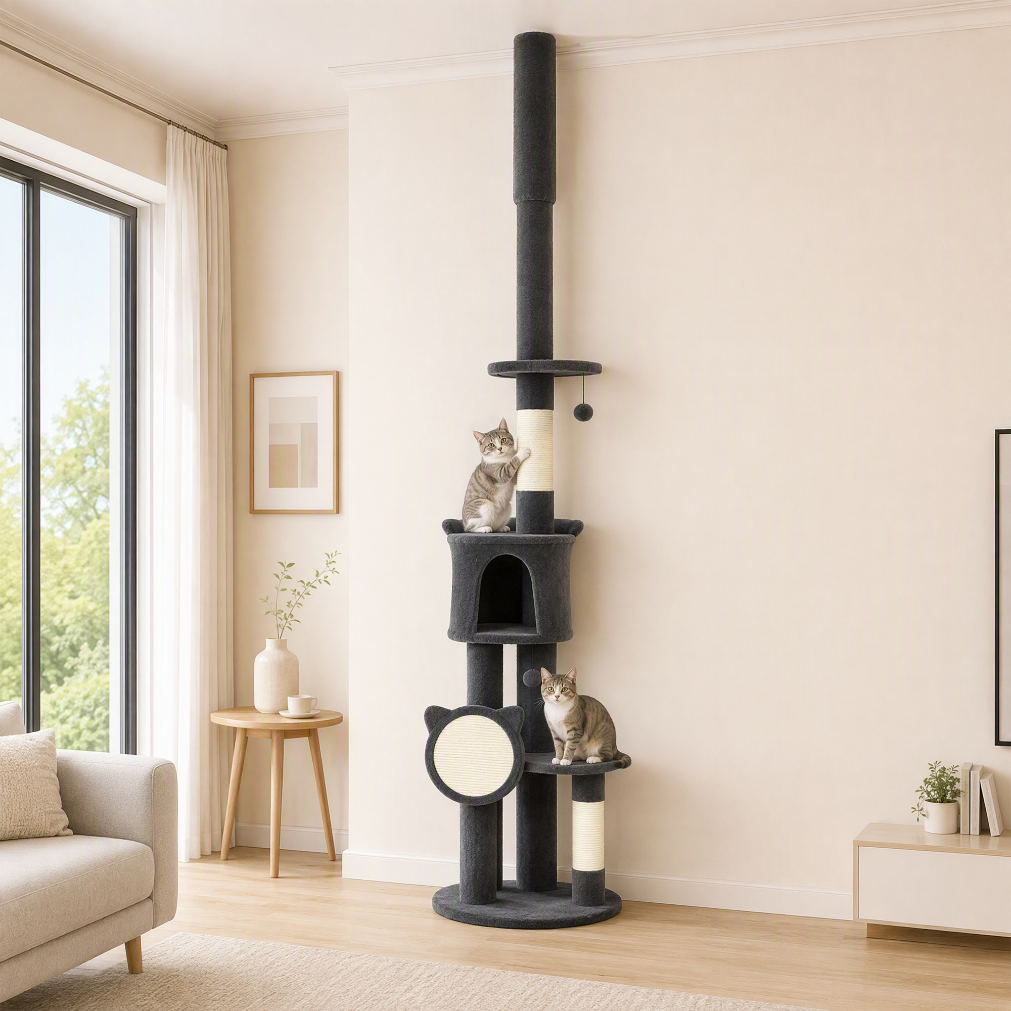 Kratzbaum Deckenhoch 225–255 cm höhenverstellbar Katzenbaum mit 5 Etagen Sisal-Kratzstämmen, Kratzbrett Hängematte