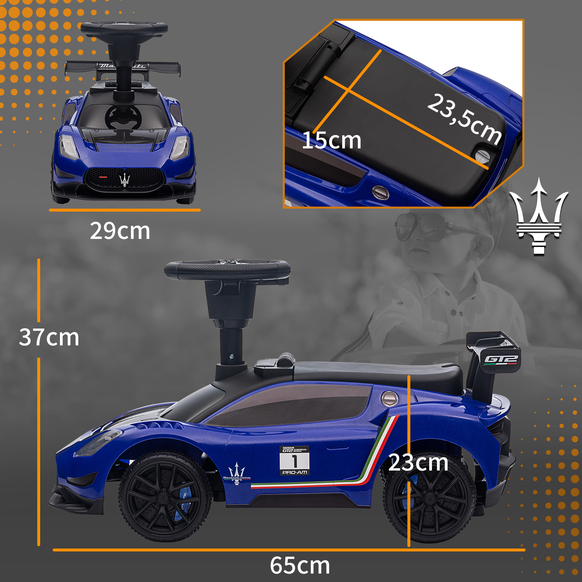 Rutschauto, Lizenzfahrzeug, interaktive Hupen- und Musikknöpfe, Kunststoff und Stahl, Blau, 65 x 29 x 37 cm