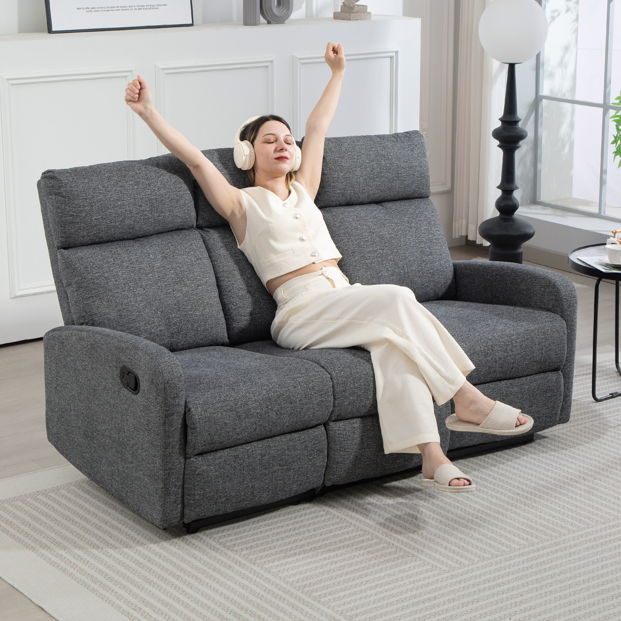 3-Sitzer-Sofa, individuell verstellbare Rückenlehnen, Fußstütze, Stoffbezug, Metall, Grau