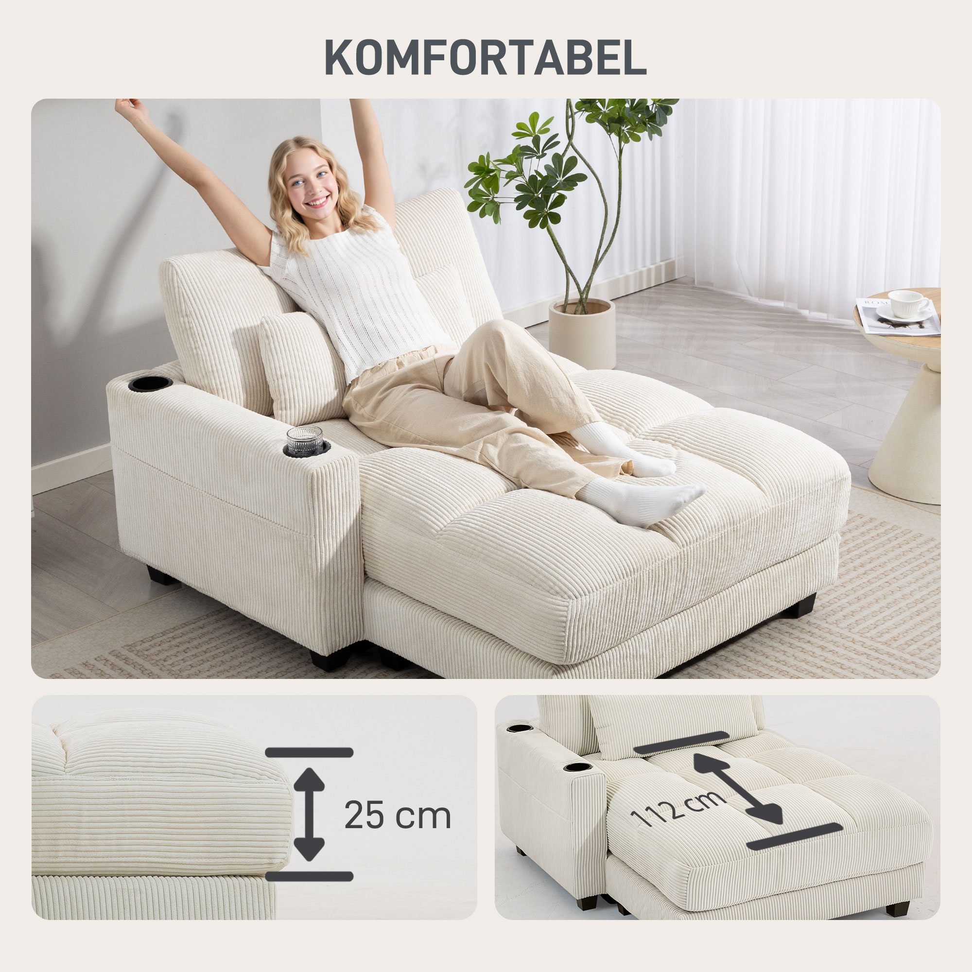 Sofa-Bett mit Kissen, Schaumstoff, zum Bett umwandelbar, Becherhalter,  Cremeweiß