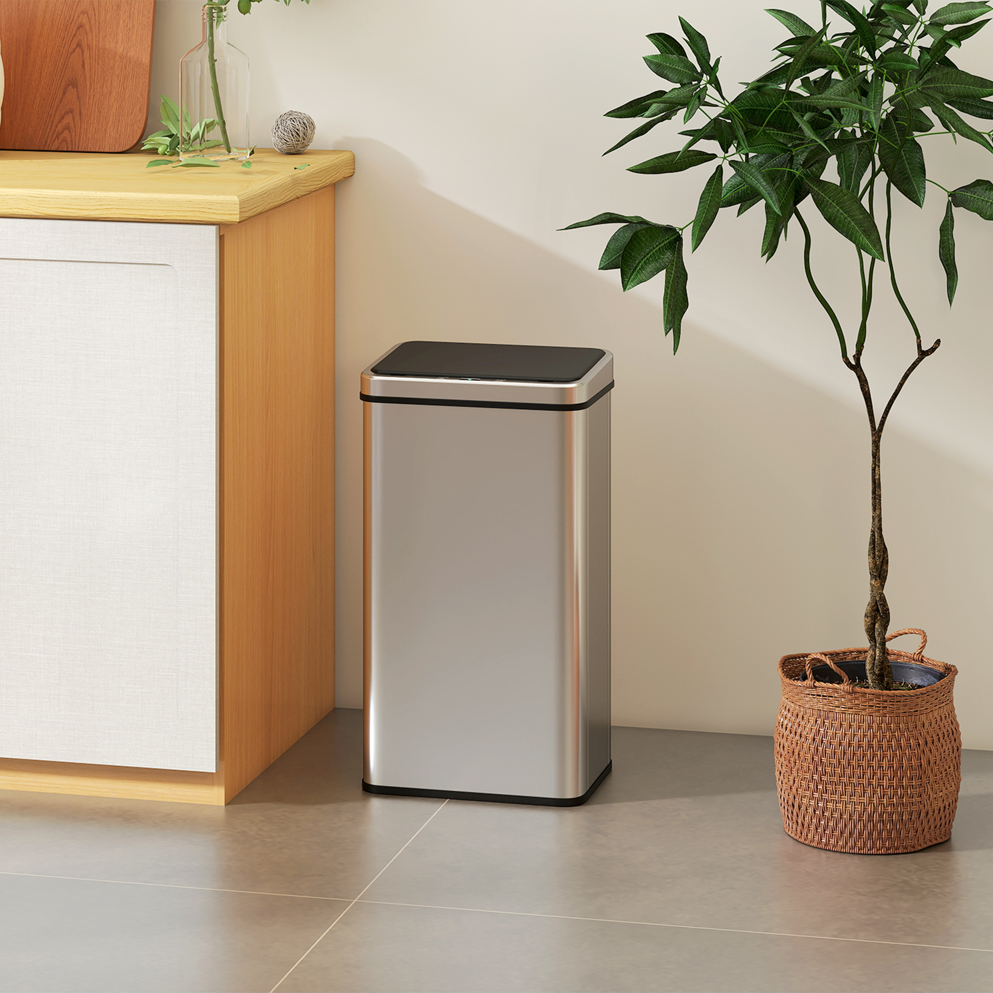 Sensor Mülleimer 50l Edelstahl Automatischer Mülleimer mit Soft-Close-Deckel Bewegungssensor 35,5 x 26 x 67 cm Silber