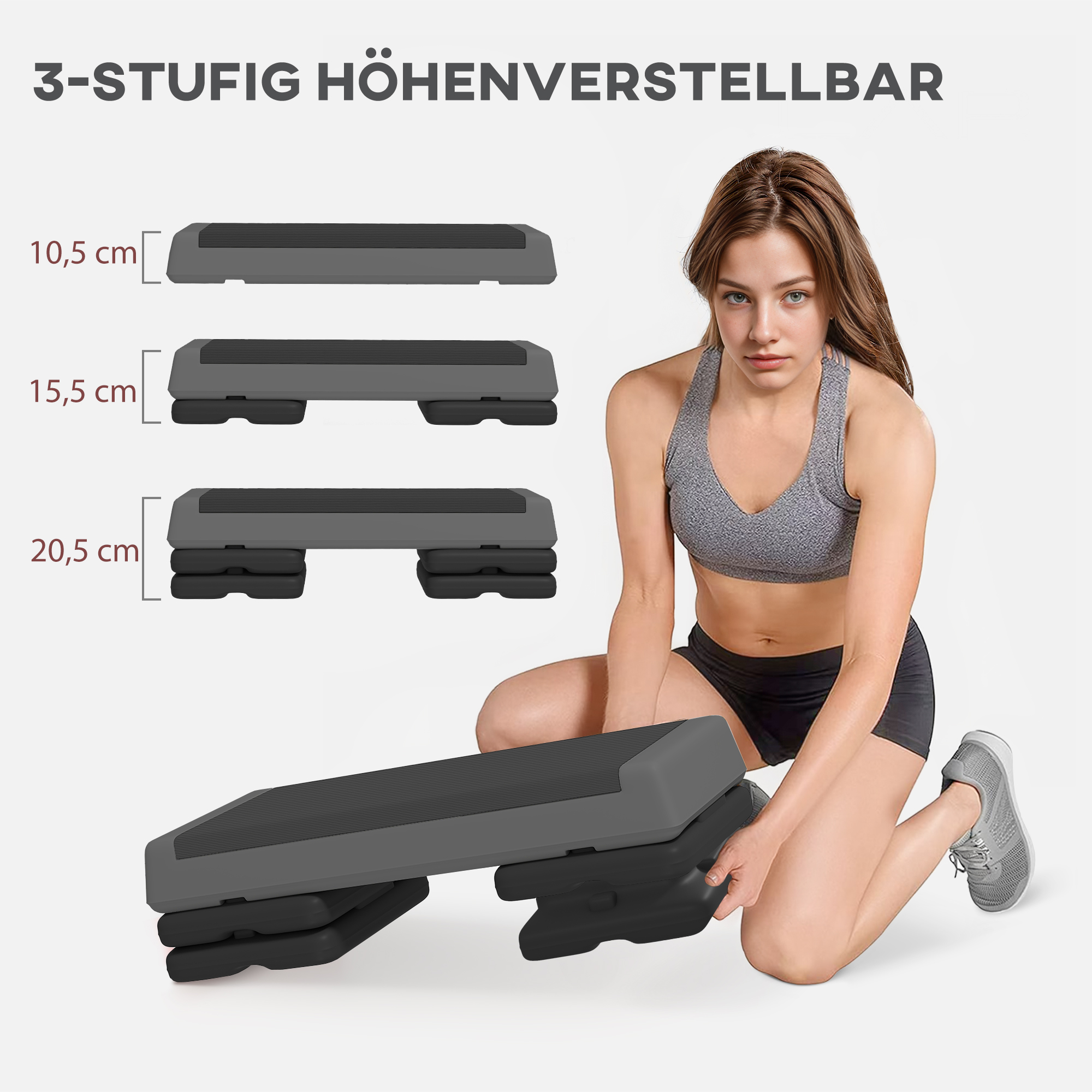 Höhenverstellbarer Fitness-Stepper, rutschfest, für Zuhause, das Fitnessstudio oder das Büro geeignet, Kunststoff, Grau