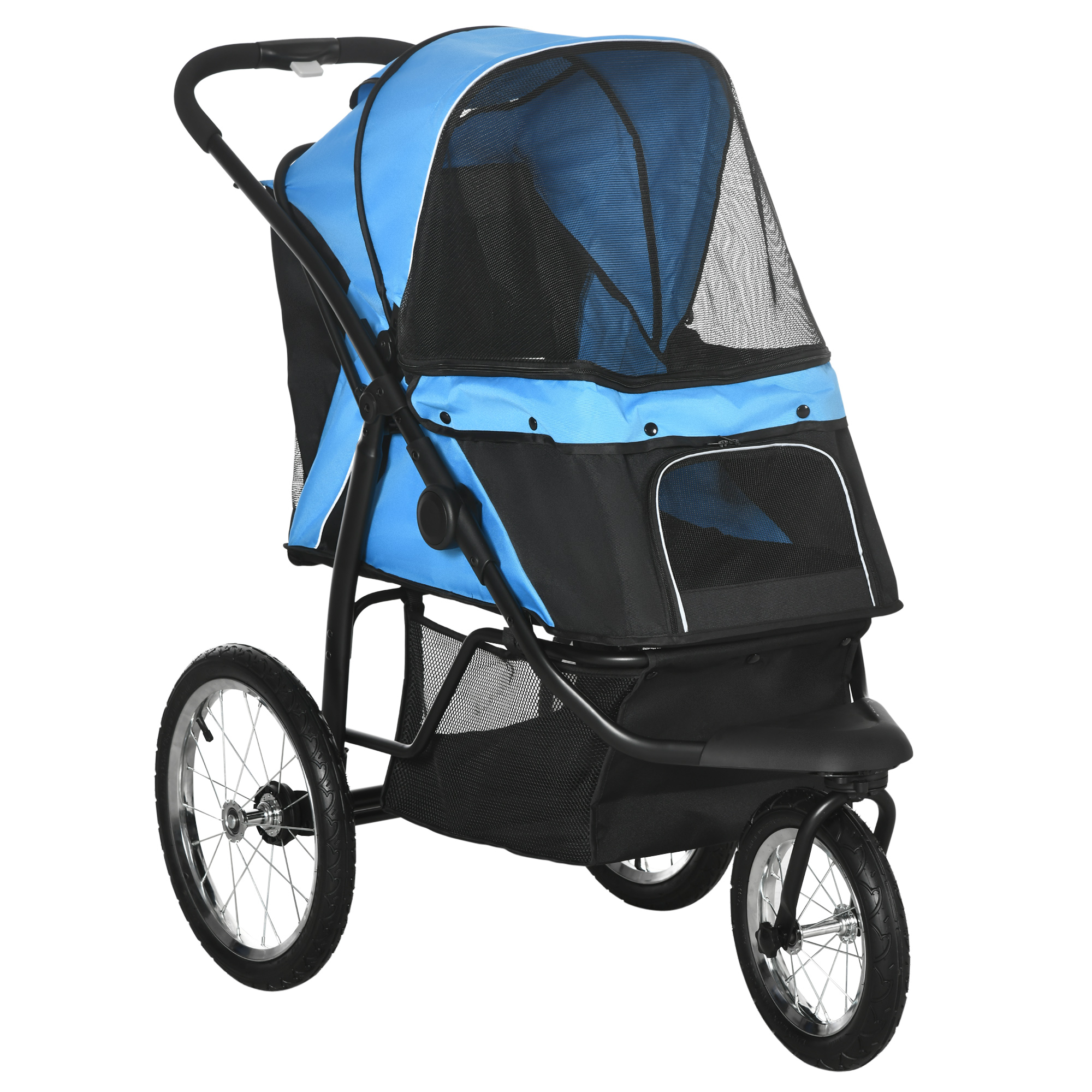 Hundewagen Hundetrolley mit Jogger-Funktion bis 20 kg Klappbar Netzfenster, Ablagekorb, Blau, 111 x 58 x 107 cm
