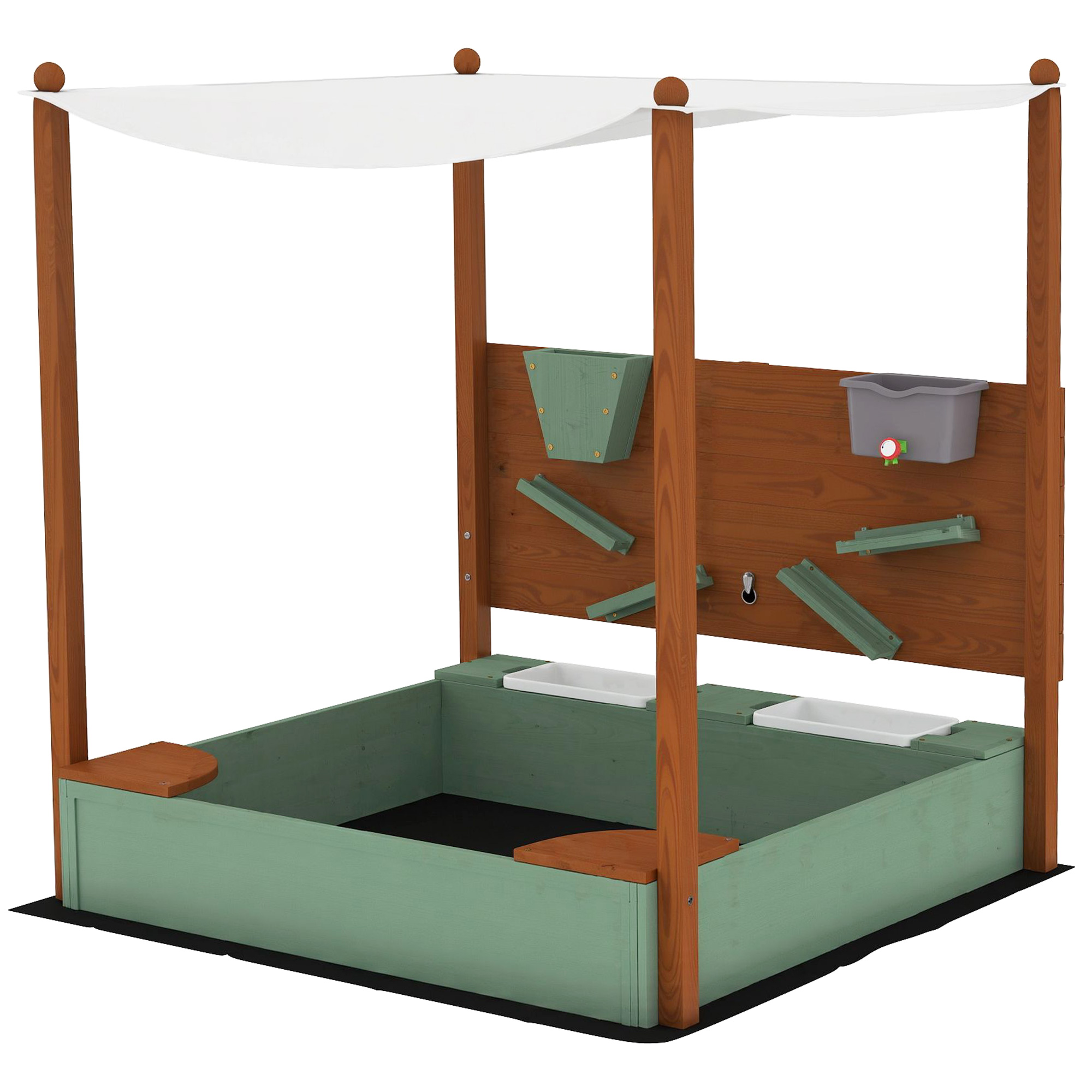 Sandkasten mit Sonnendach für Kinder, 2 Aufbewahrungsbehälter, 116L x 112,5B x 128H cm, Tannenholz, Kunststoff, Grün