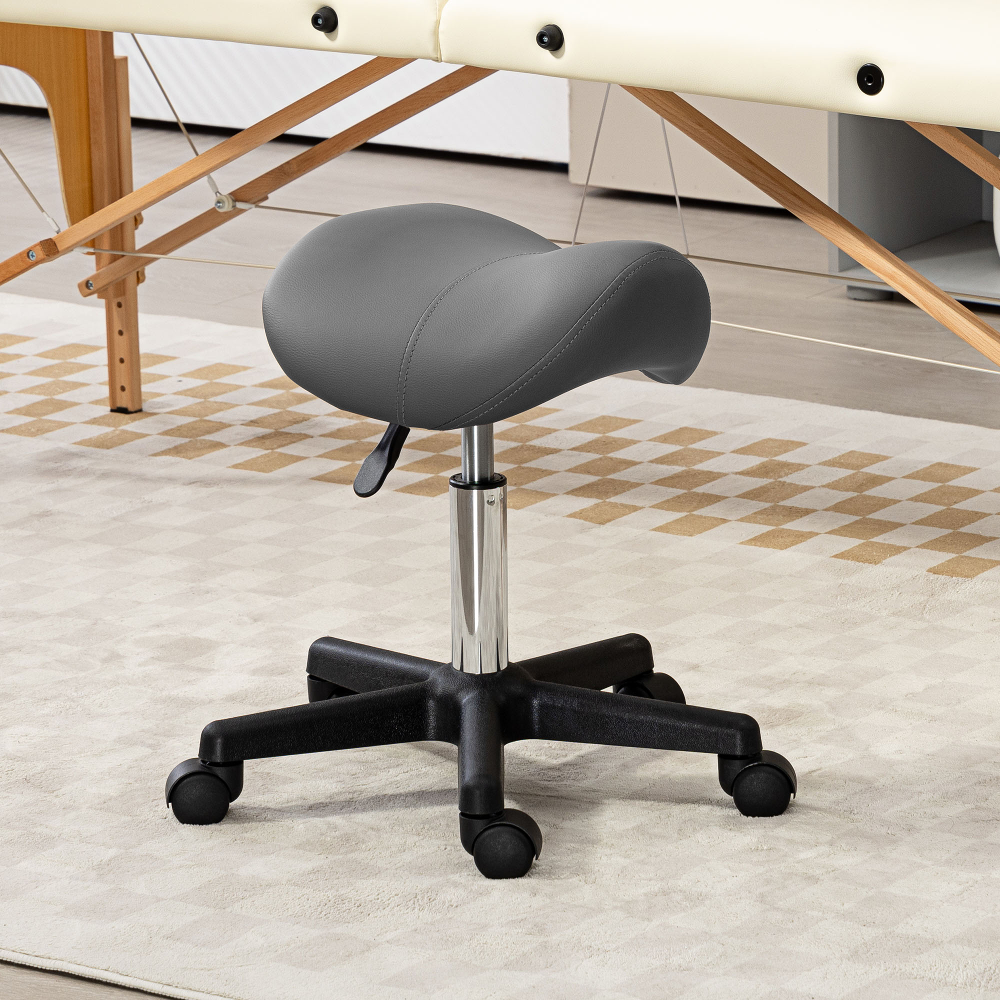 Rollhocker, sattelförmiger Sitz, höhenverstellbar, um 360° drehbar, Kunstleder, grau, 48 x 47 x 45-59 cm