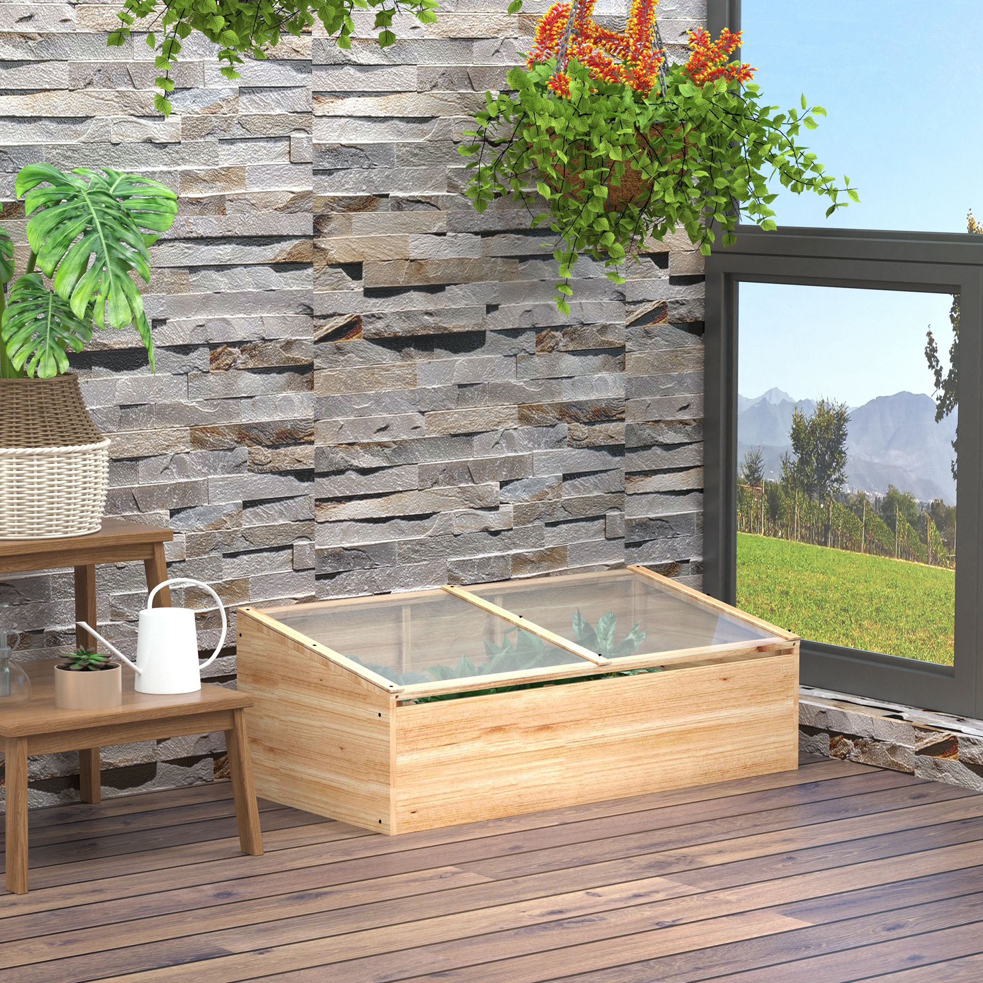 Gewächshaus Holz Frühbeet Frühbeetkasten Treibhaus Garten & Pflanzkasten-System für Garten Balkon, 100 x 50 x 35 cm, Natur, Tanne, PC-Platte