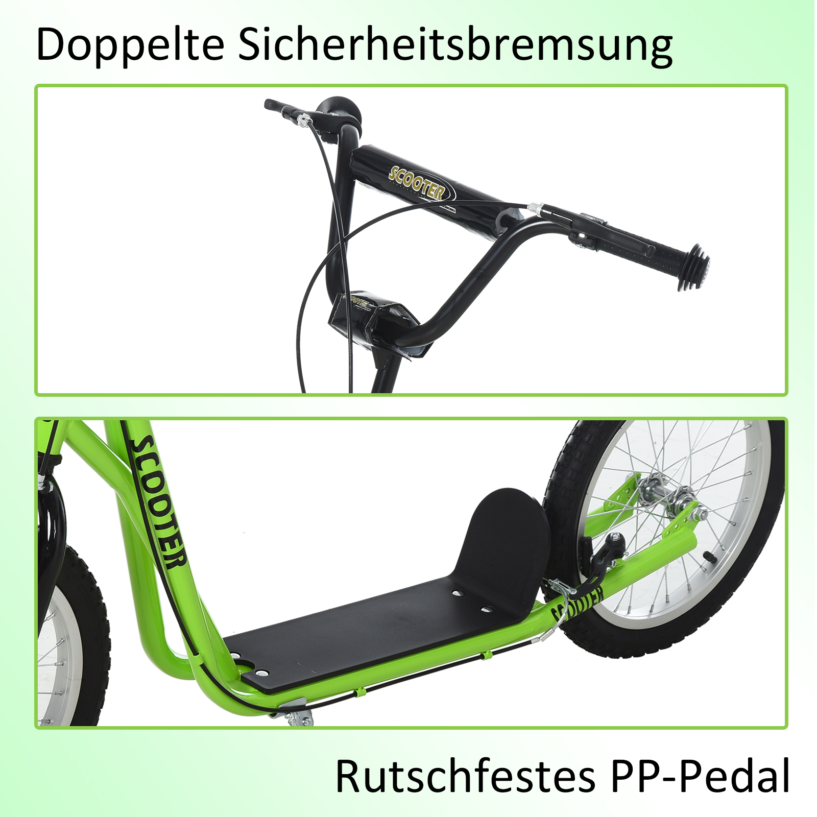 Kinderroller Scooter Tretroller Cityroller Kickscooter Roller Kinder Kickboard mit Luftreifen und Handbremse Scooter Kinder ab 5 Jahre 16 Zoll Grün 139 x 58 x 90-96 cm