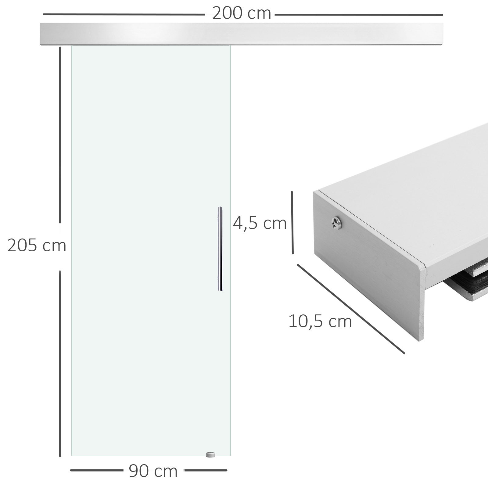 Glasschiebetür mit Griffstange, einseitig satiniert, 90 x 205 cm