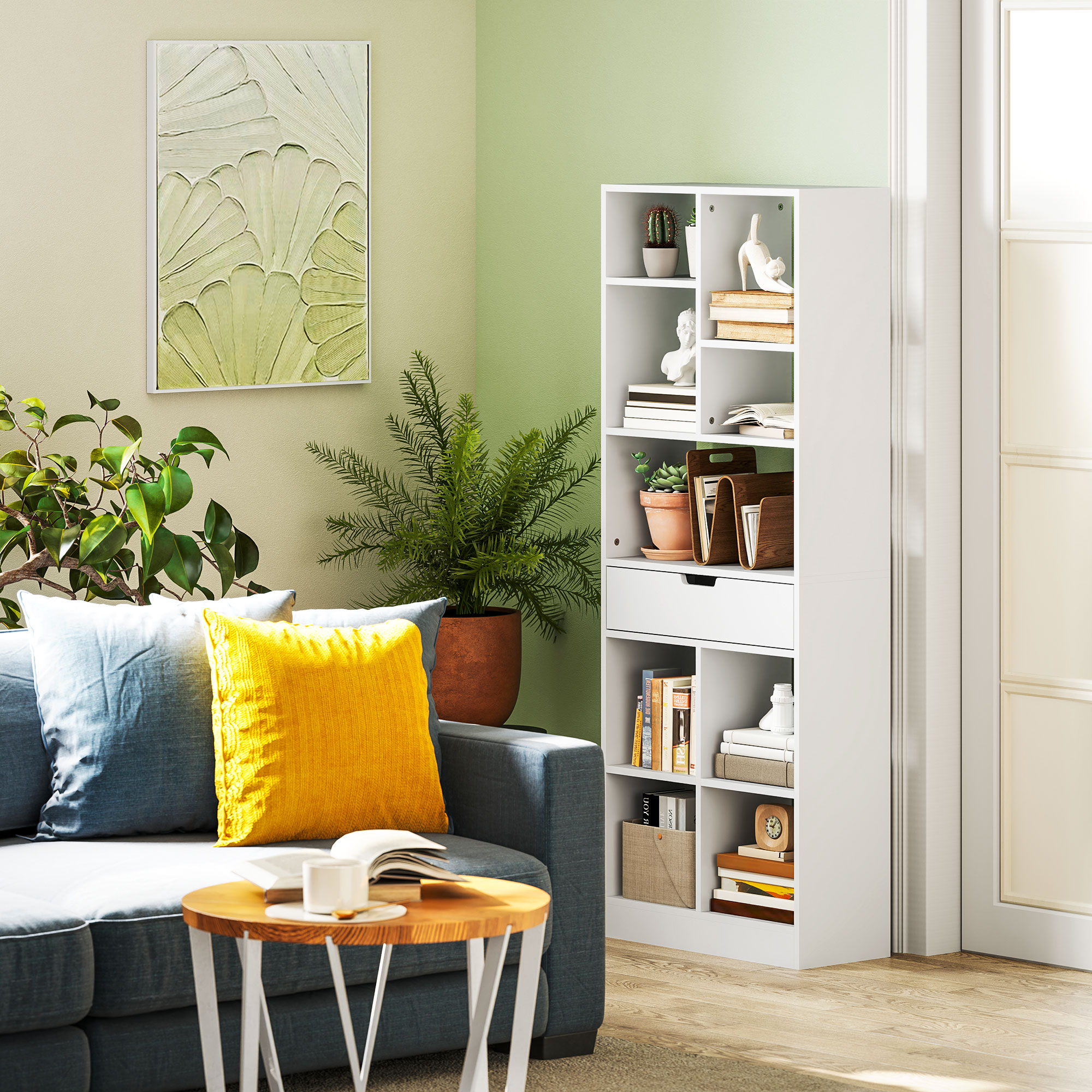 Bücherregal, Mehrzweckregal, 9 Fächer, Schublade, Kippschutz, 60 x 26 x 158 cm, Weiß