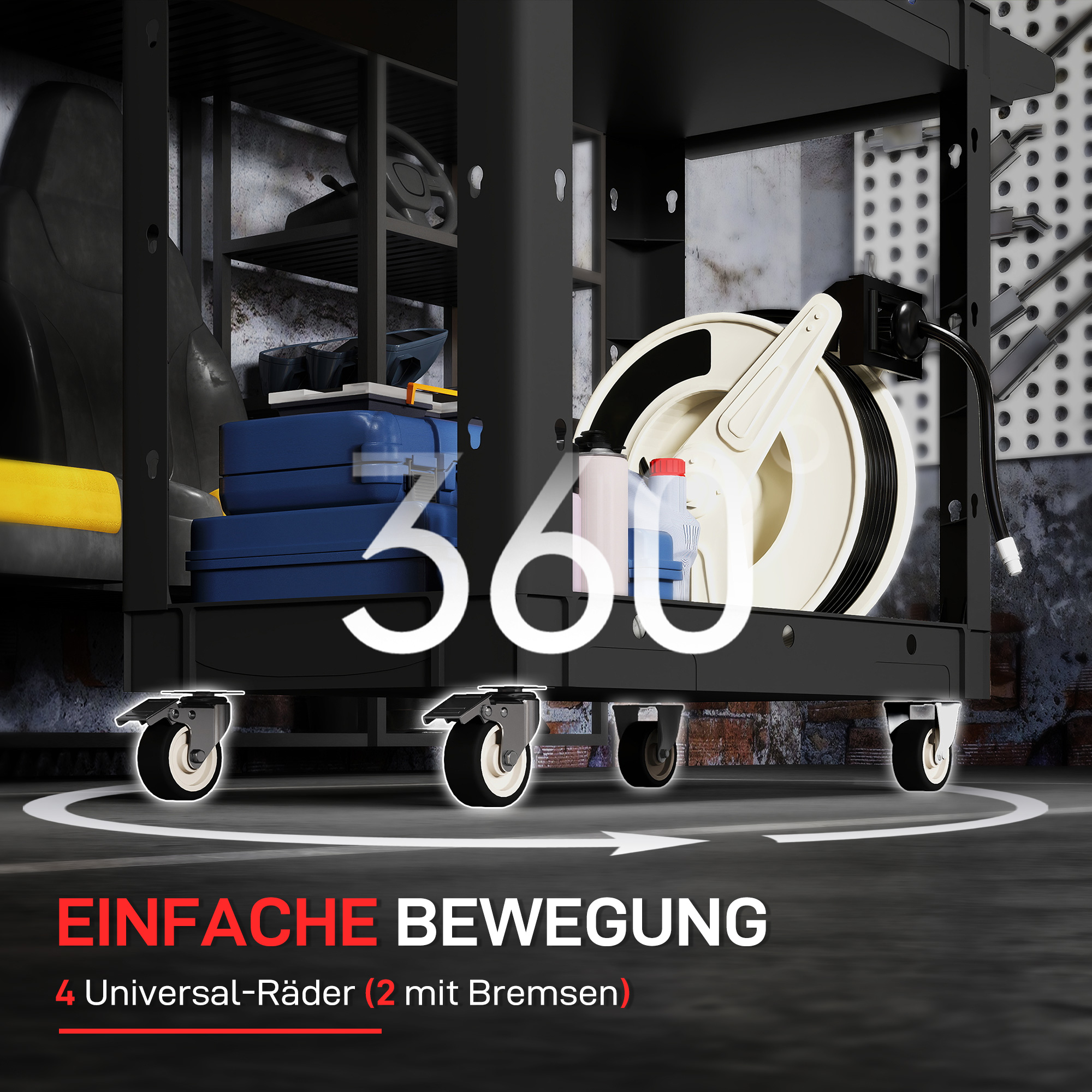 Werkzeugwagen, 2-stöckige Ablagen, Griff, Räder, Kunststoff, Schwarz