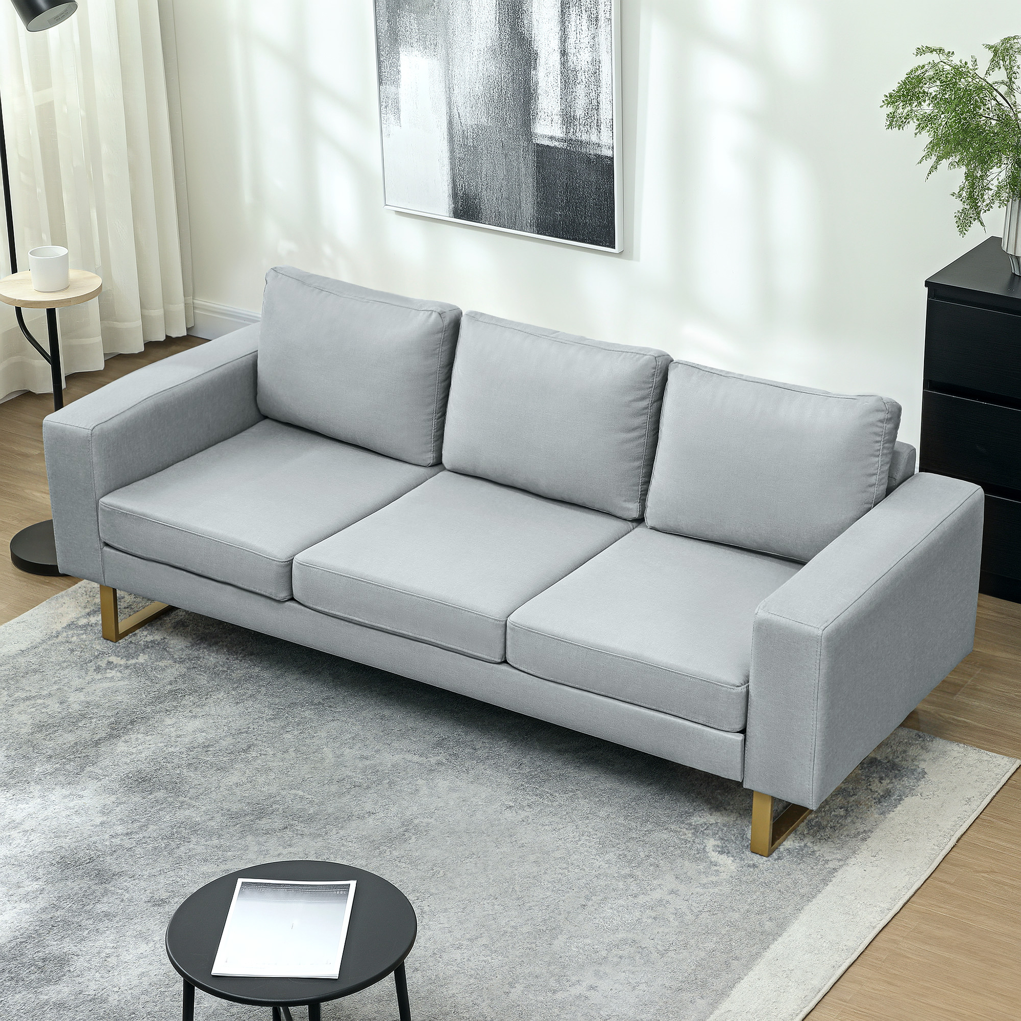 3-Sitzer-Sofa, Couch mit Vollholzrahmen, Metallbeine, schlichtes Design, Hellgrau