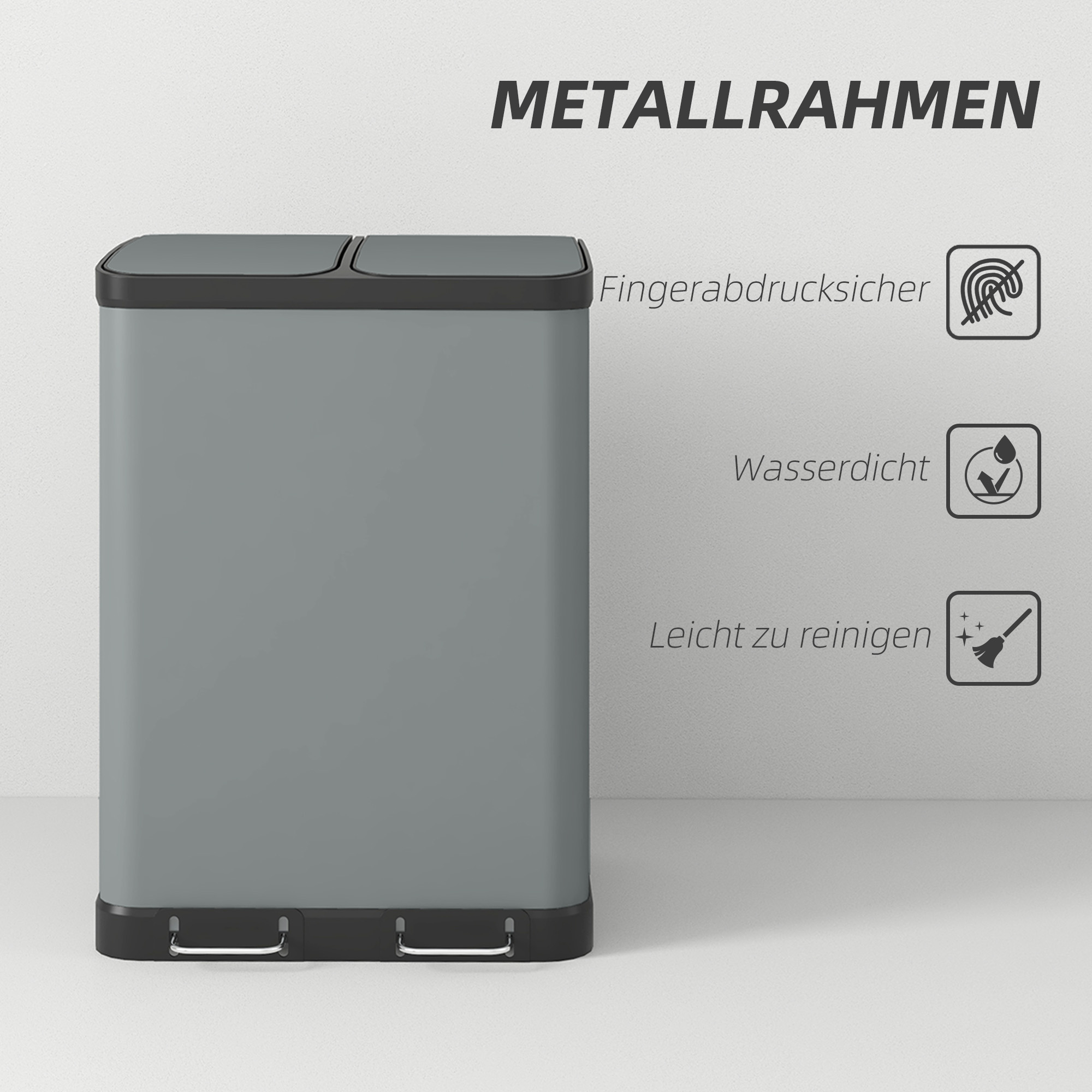Doppelfach-Mülleimer, 2 x 30L, fingerabdruckresistent, Pedal, herausnehmbare Inneneimer, Grau