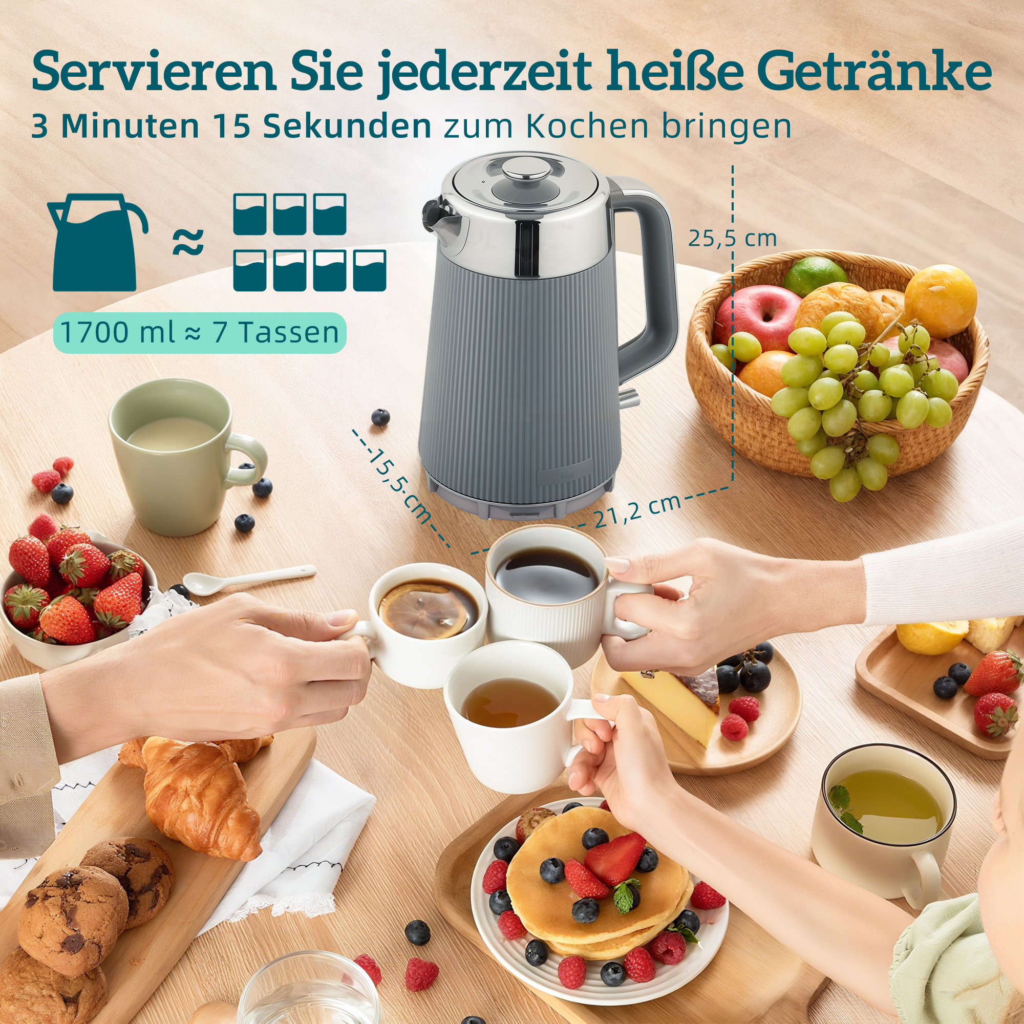 2200W, 1,7L Wasserkocher mit Schnellkochfunktion, Entkalkungsfilter und 4-Scheiben-Toaster mit 7 Bräunungsstufen, Grau