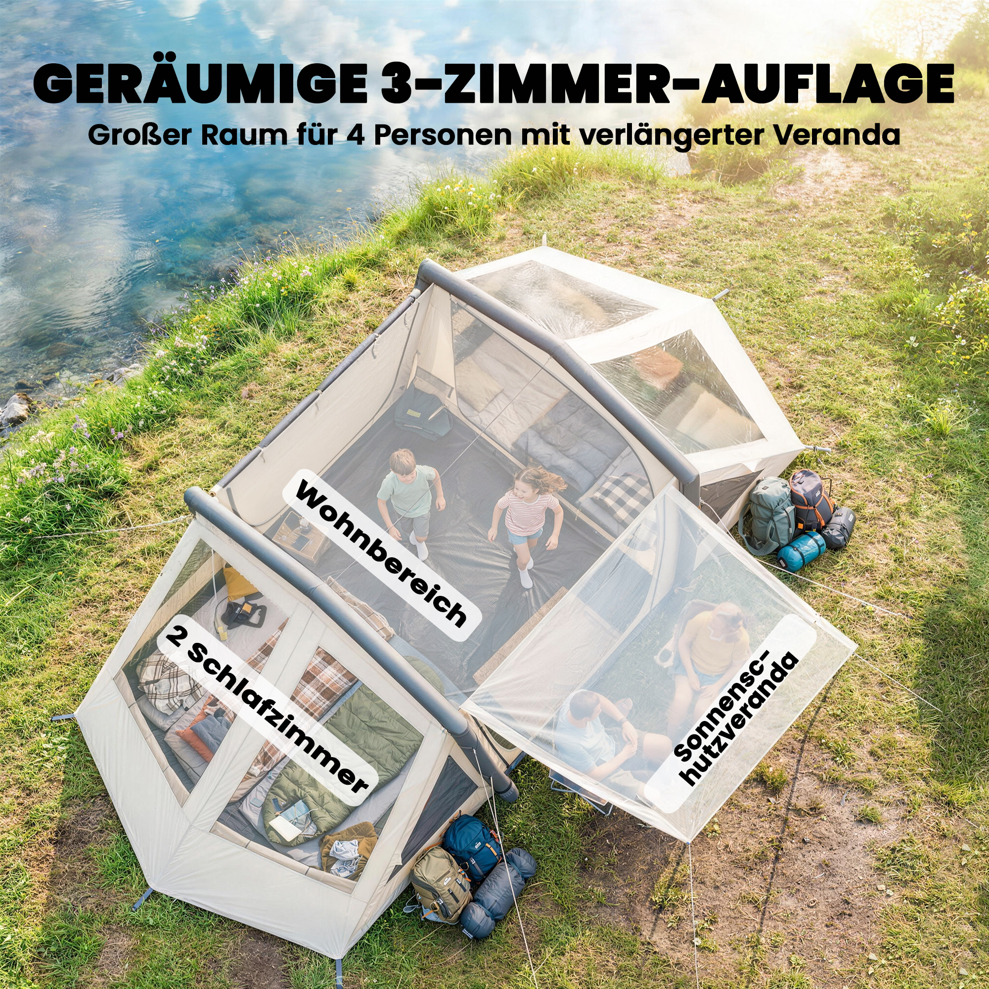 Aufblasbares Zelt 4 Personen Schneller Aufbau Outdoor Zelt für Camping mit 2 Schlafzimmern Vorraum Fenster