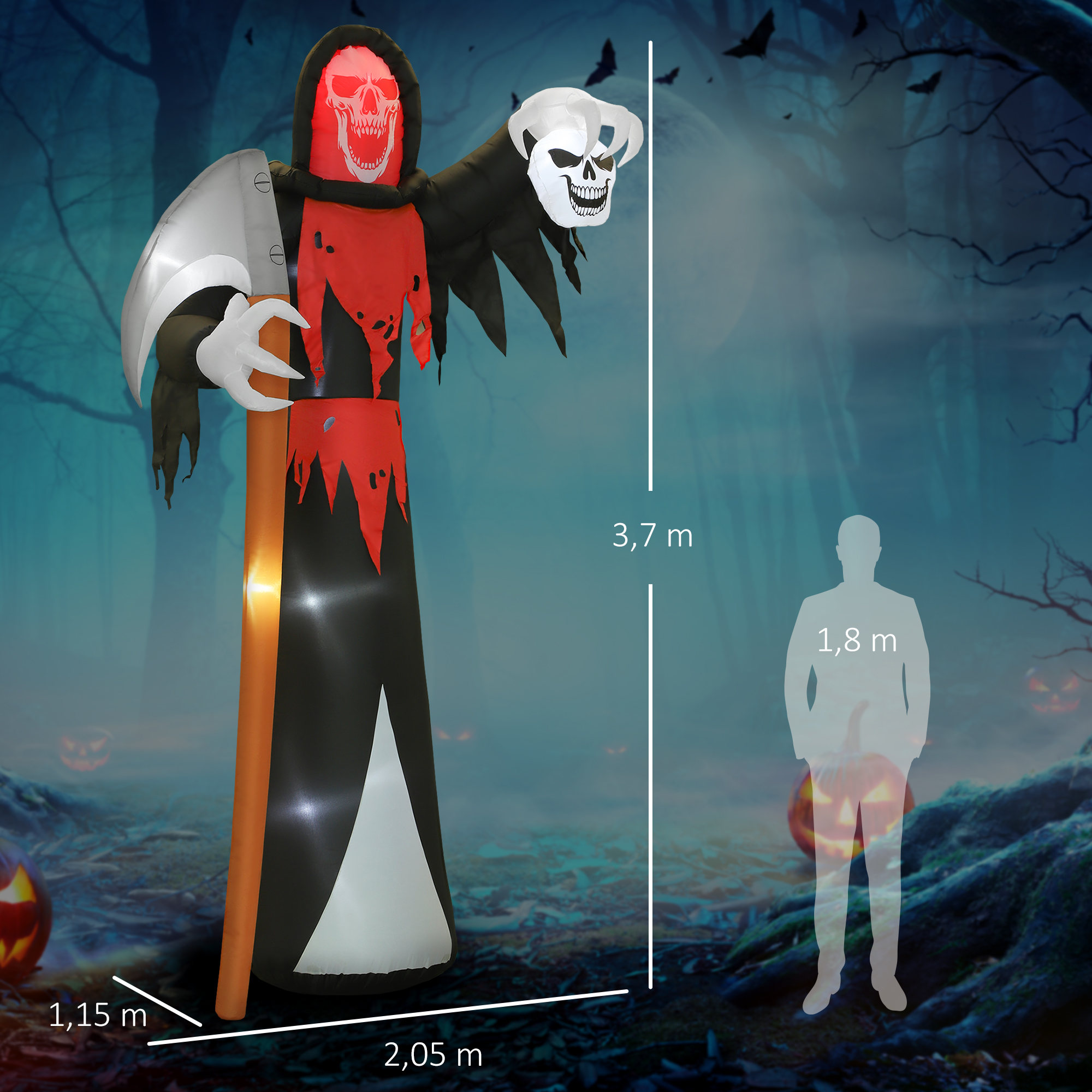 Halloween-Dekoration 3,7 m riesiger Sensenmann mit LED-Beleuchtung Leuchtende Luftfigur für Outdoor Halloween-Dekoration 3,7 m riesiger Sensenmann mit LED-Beleuchtung Leuchtende Luftfigur für Outdoor